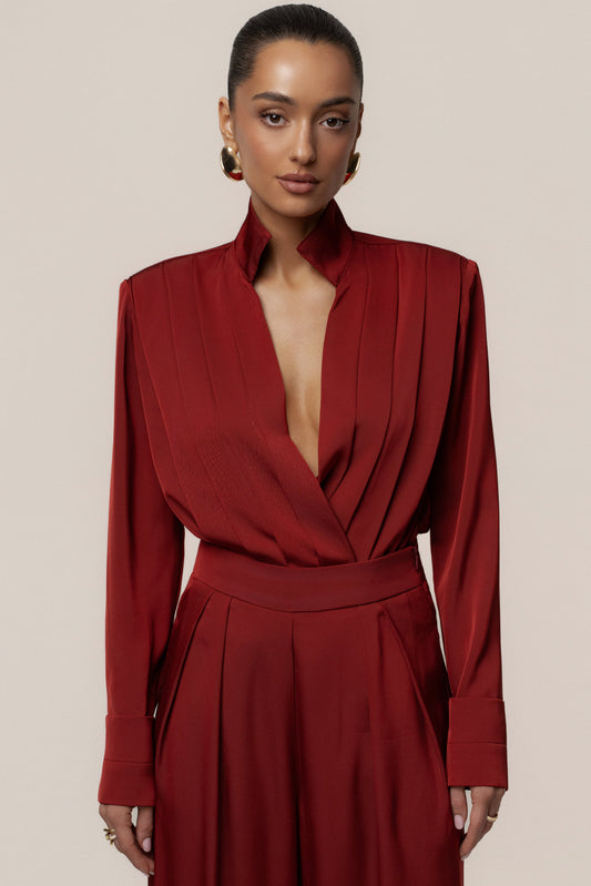 Burgundy Visionary Pleated Bodysuit JLUXLABEL
