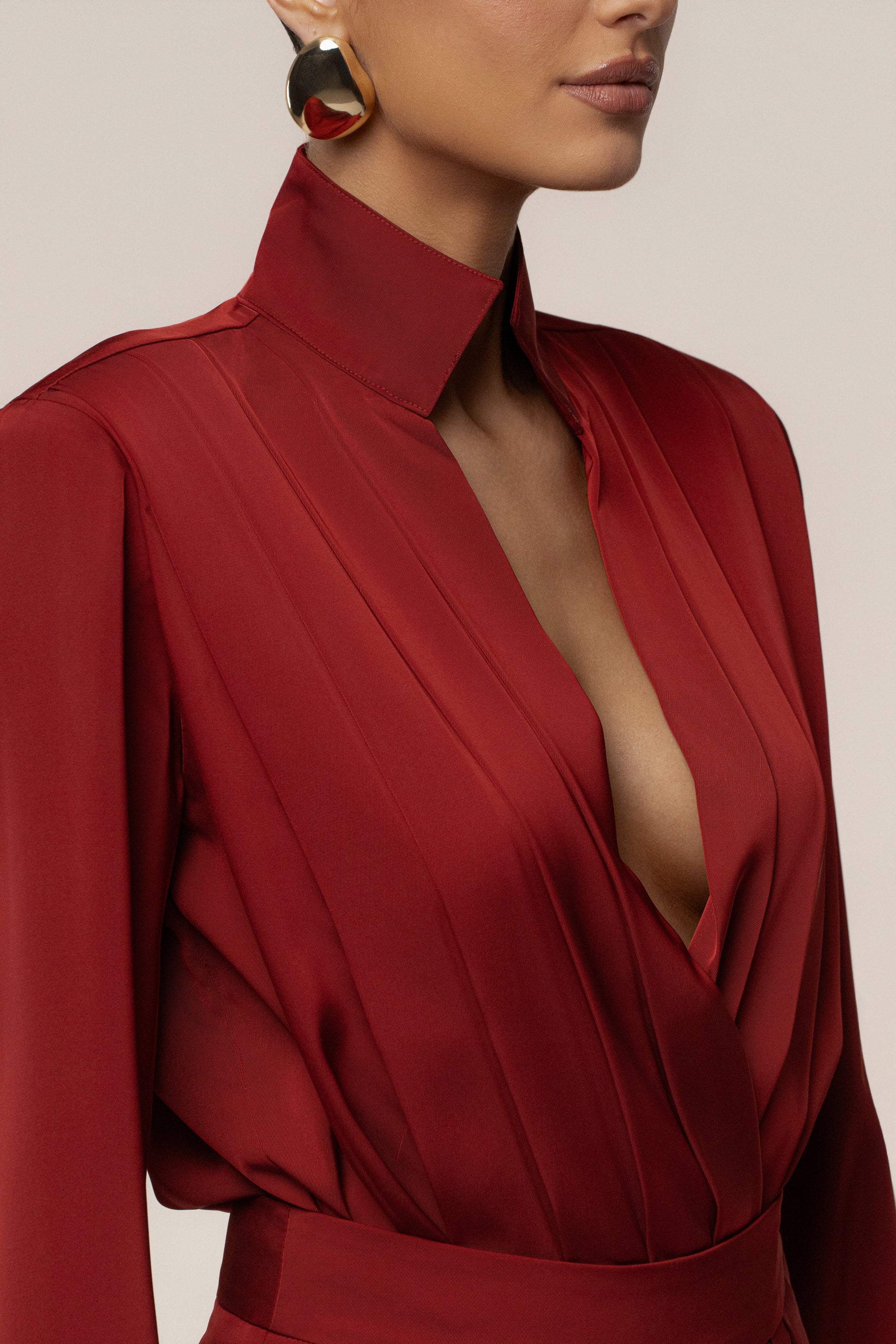 Burgundy Visionary Pleated Bodysuit JLUXLABEL