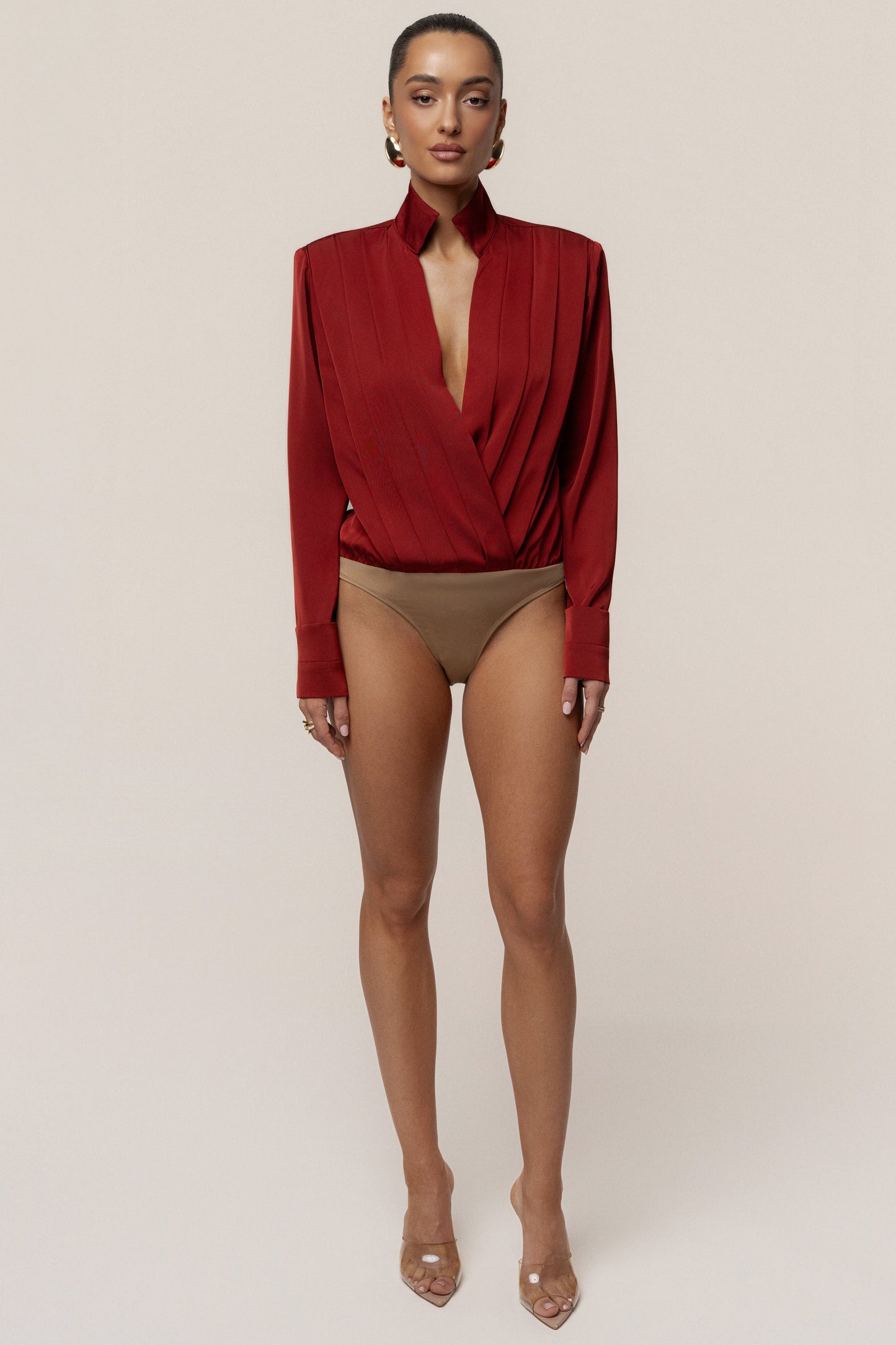 Burgundy Visionary Pleated Bodysuit JLUXLABEL