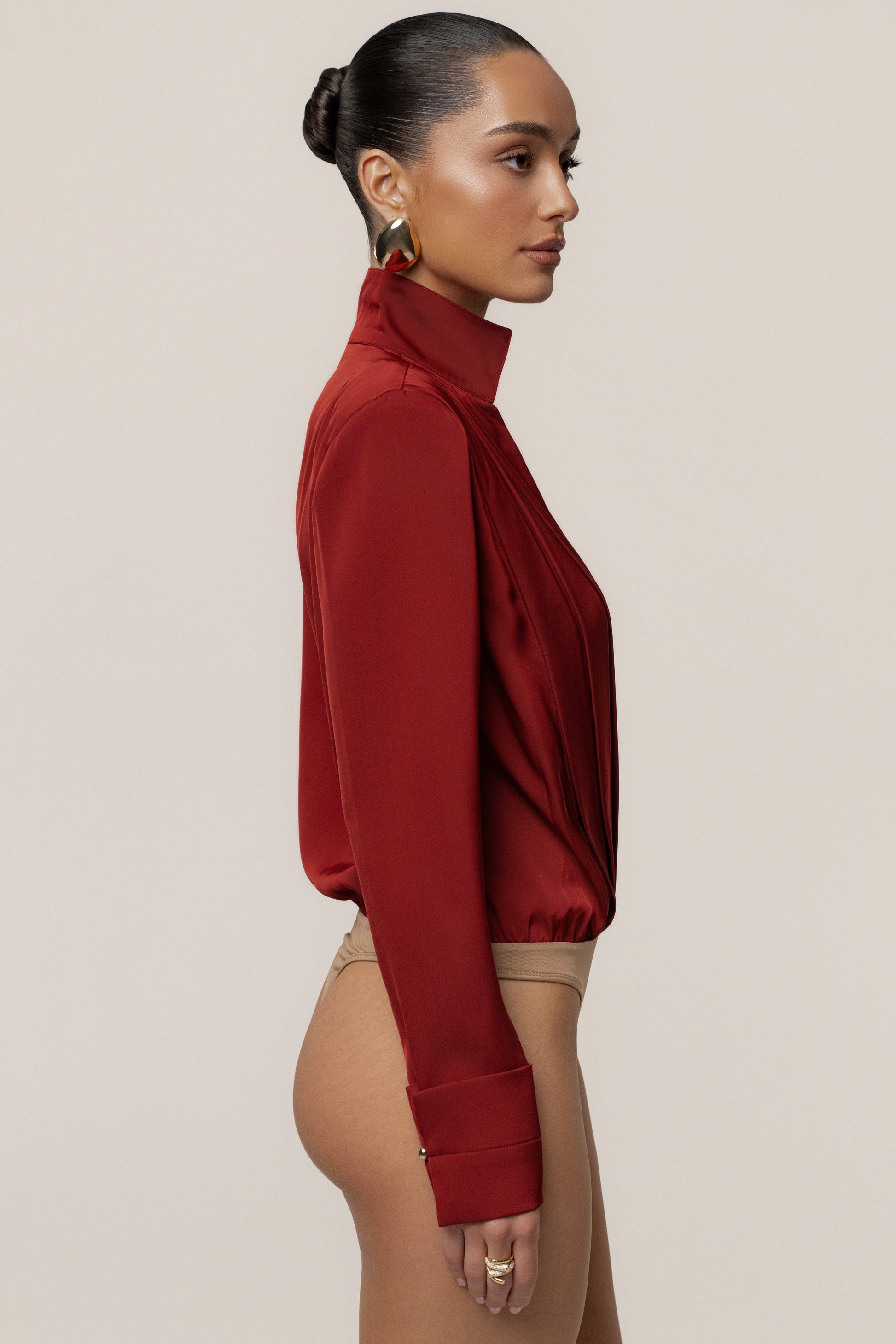 Burgundy Visionary Pleated Bodysuit JLUXLABEL