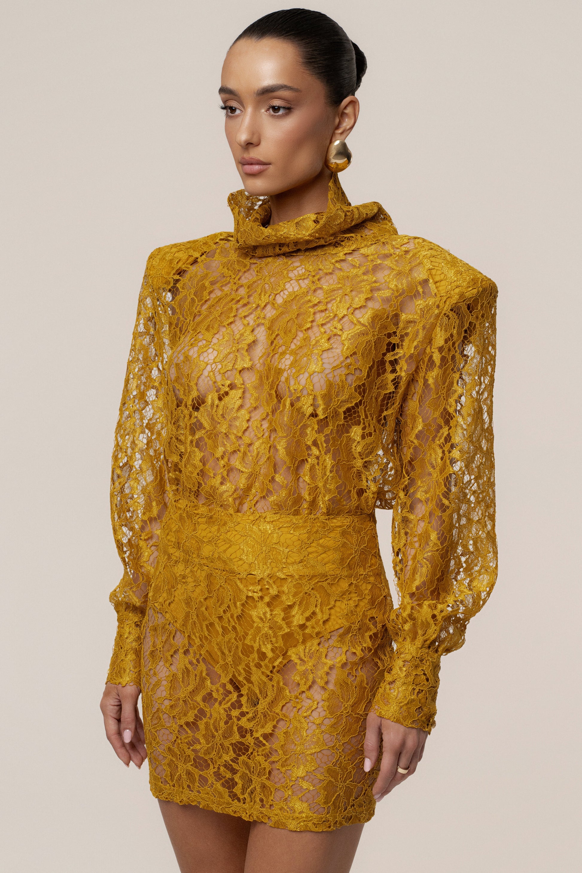 Mustard Devotion Lace Bodysuit & Skirt Set JLUXLABEL