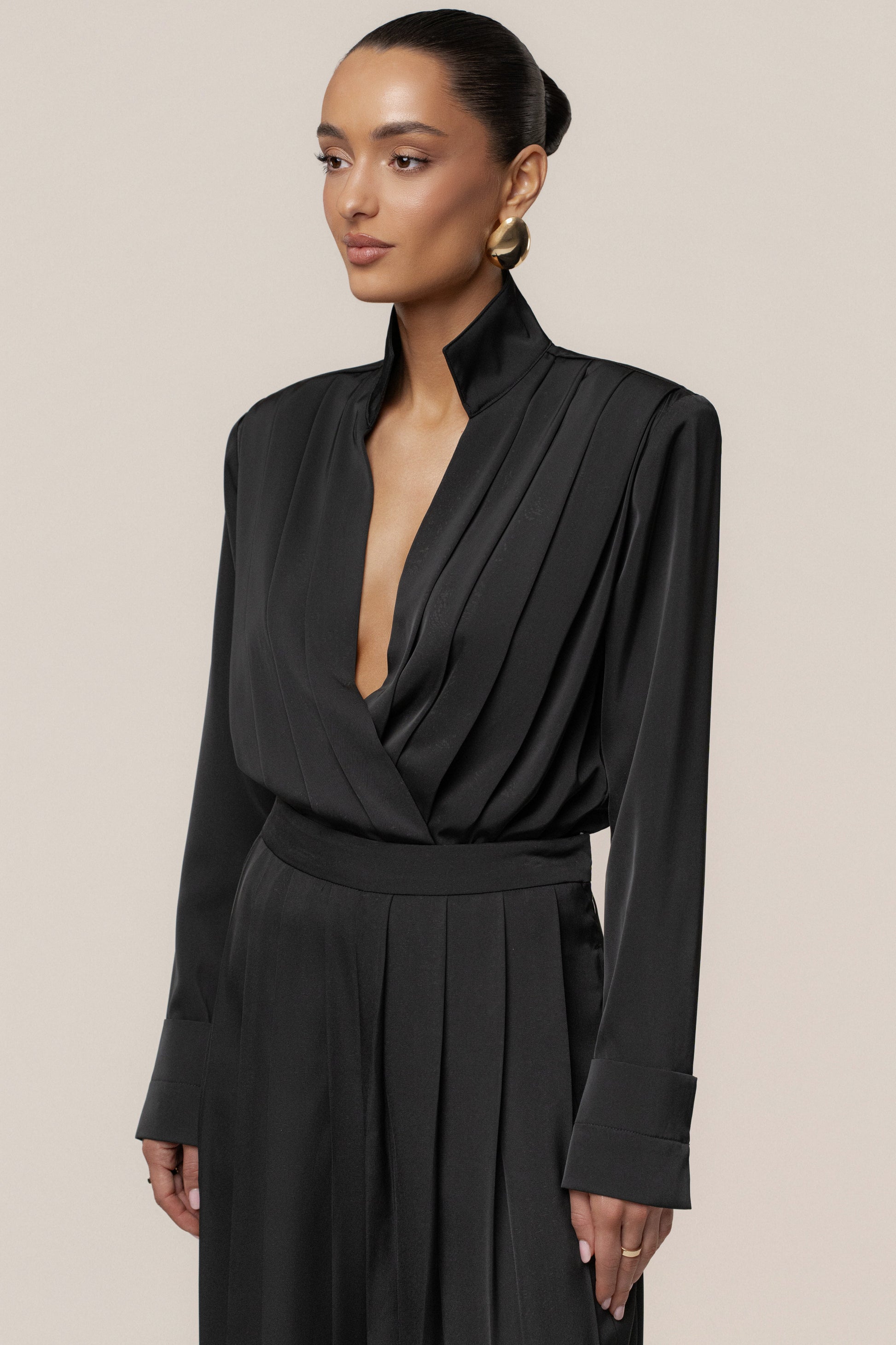Black Visionary Pleated Bodysuit JLUXLABEL