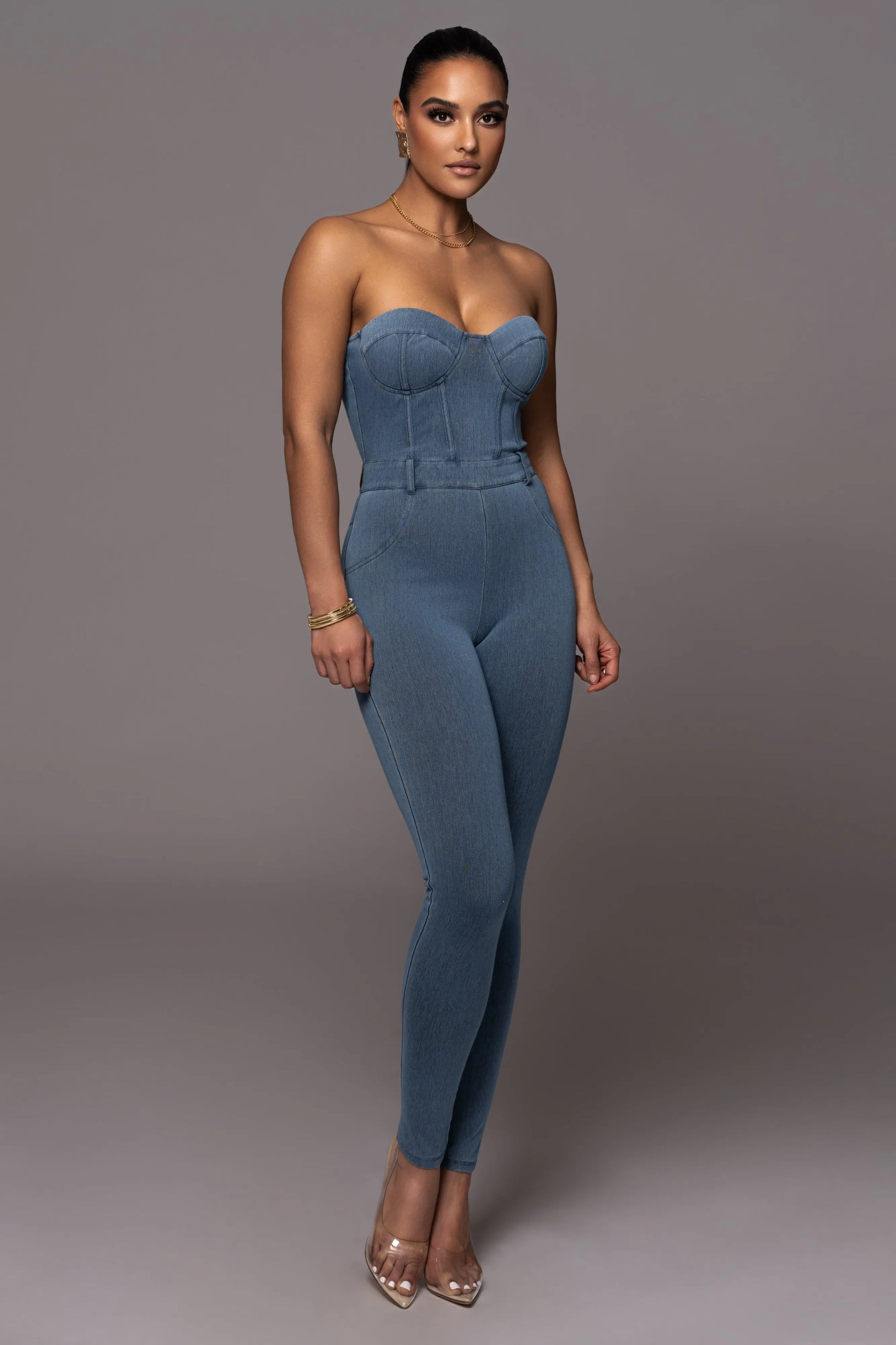 Medium Wash Denim Diya Bustier Jumpsuit JLUXLABEL