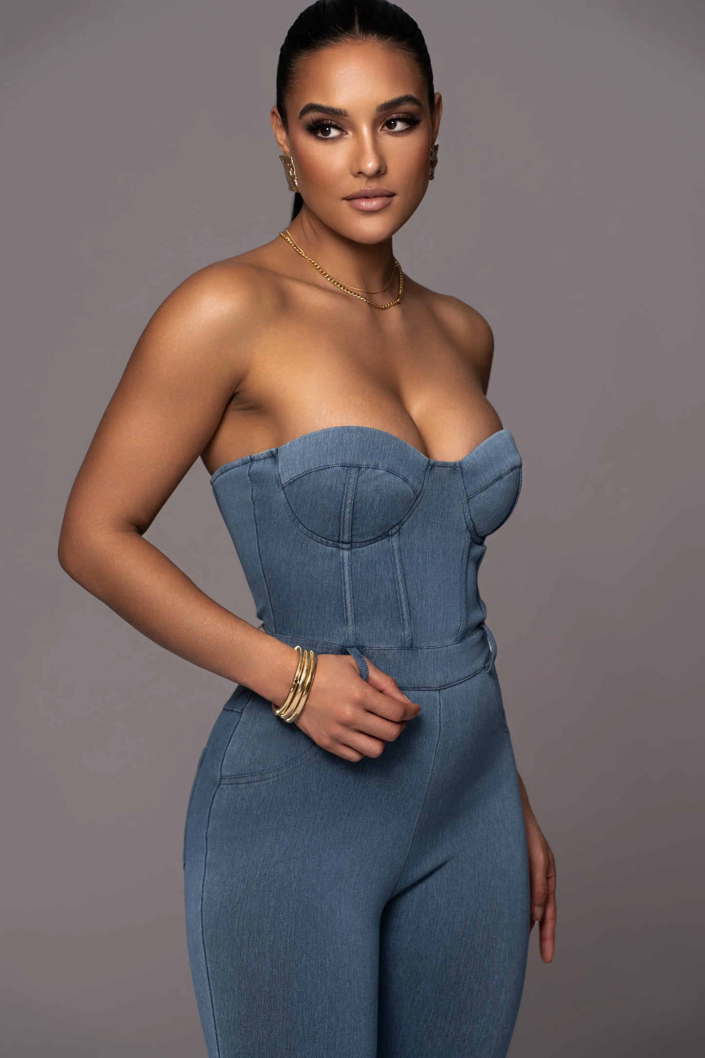Medium Wash Denim Diya Bustier Jumpsuit JLUXLABEL