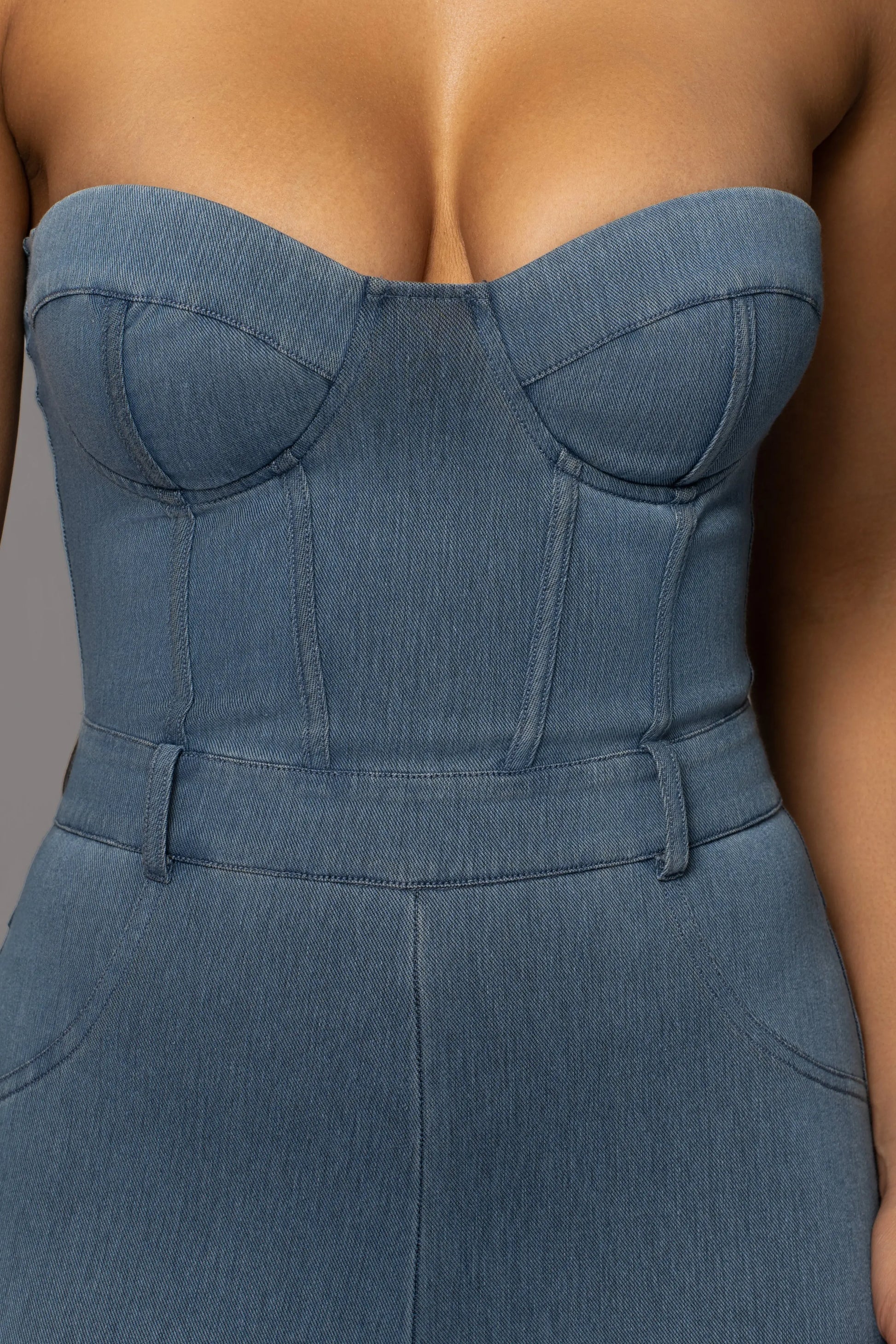 Medium Wash Denim Diya Bustier Jumpsuit JLUXLABEL