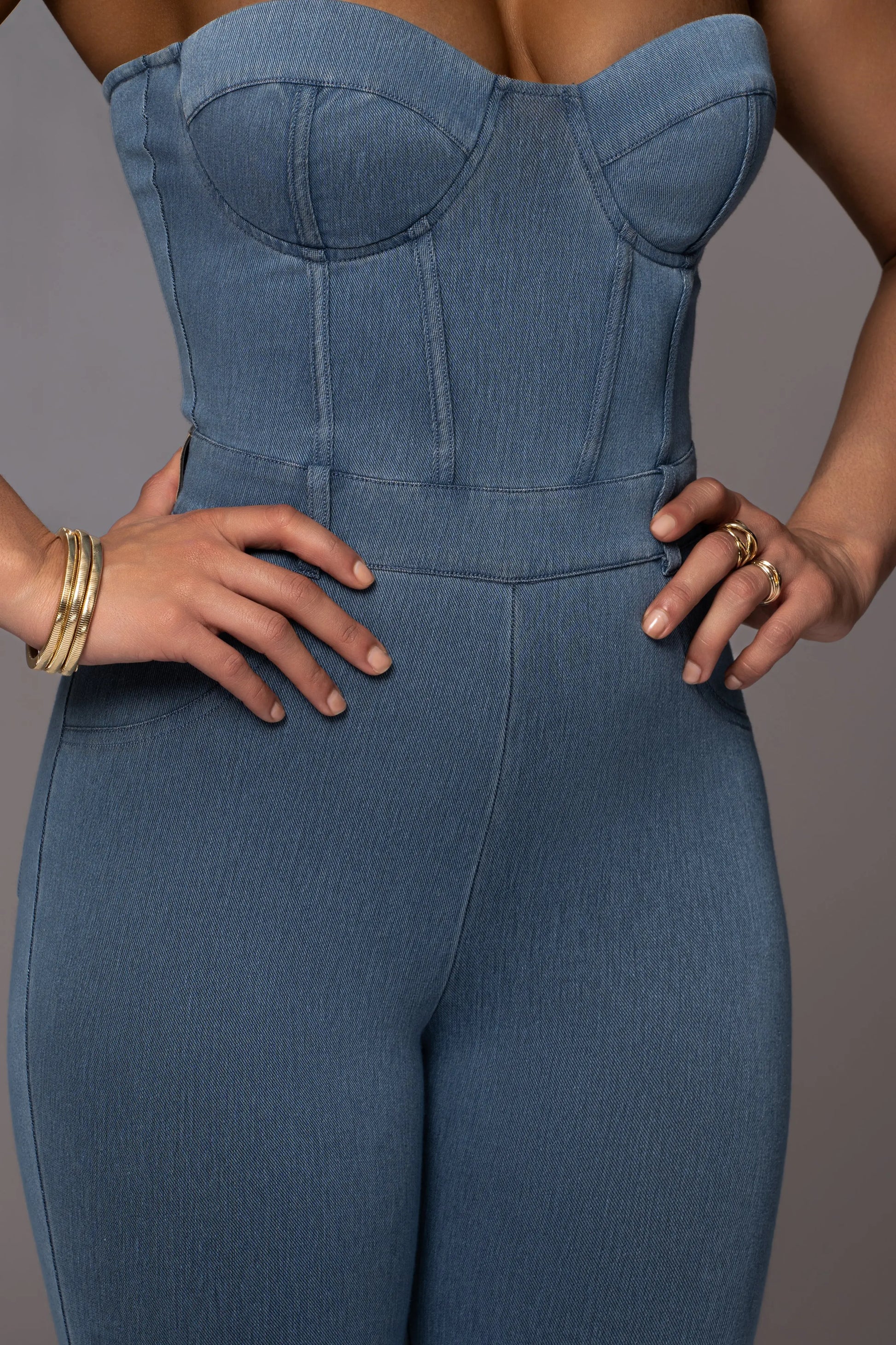 Medium Wash Denim Diya Bustier Jumpsuit JLUXLABEL