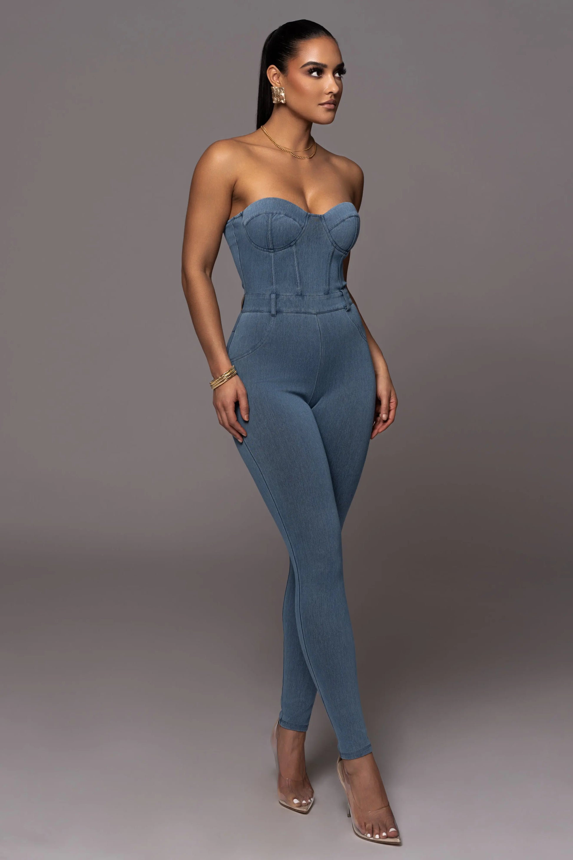 Medium Wash Denim Diya Bustier Jumpsuit JLUXLABEL