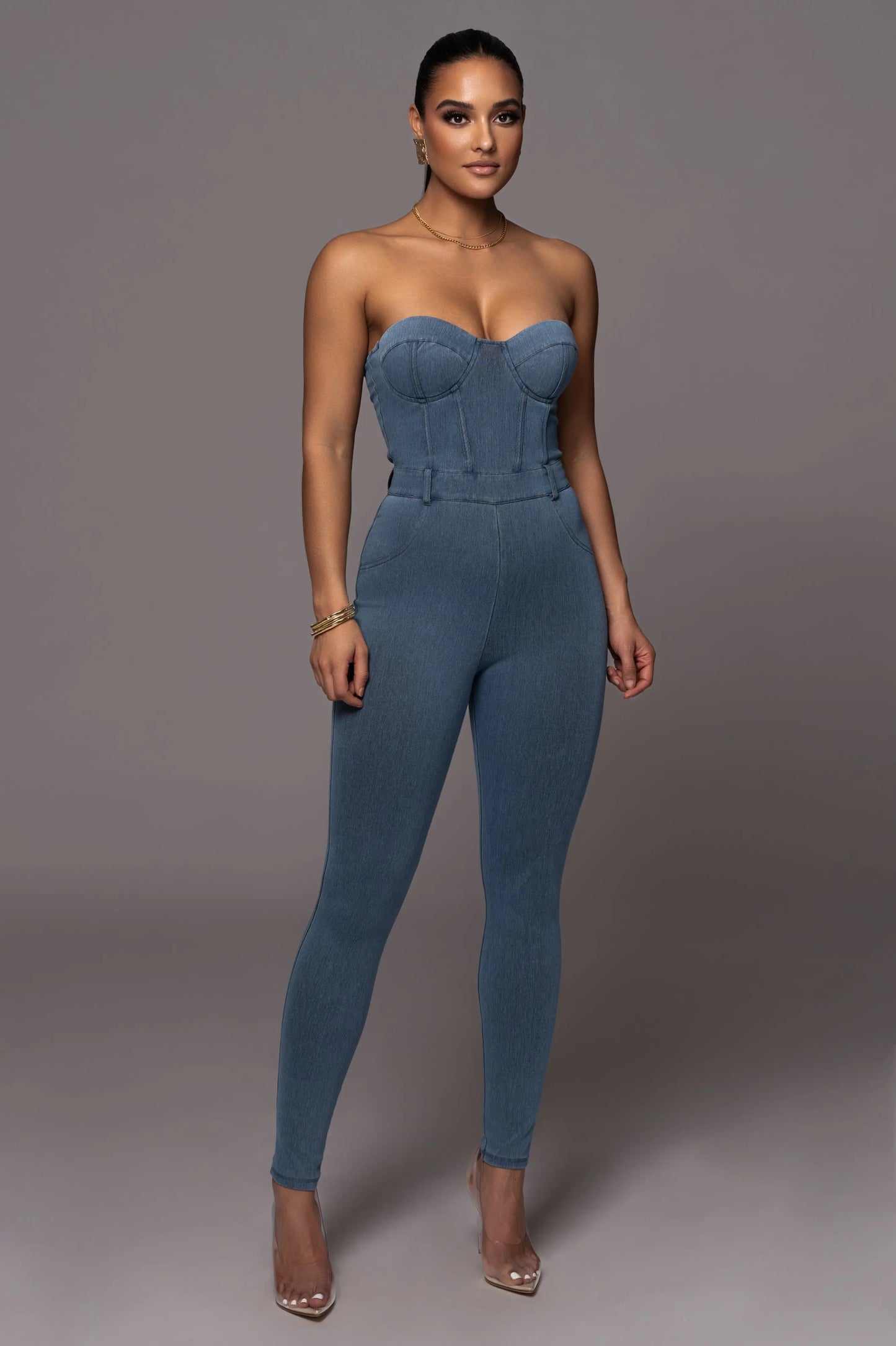 Medium Wash Denim Diya Bustier Jumpsuit JLUXLABEL