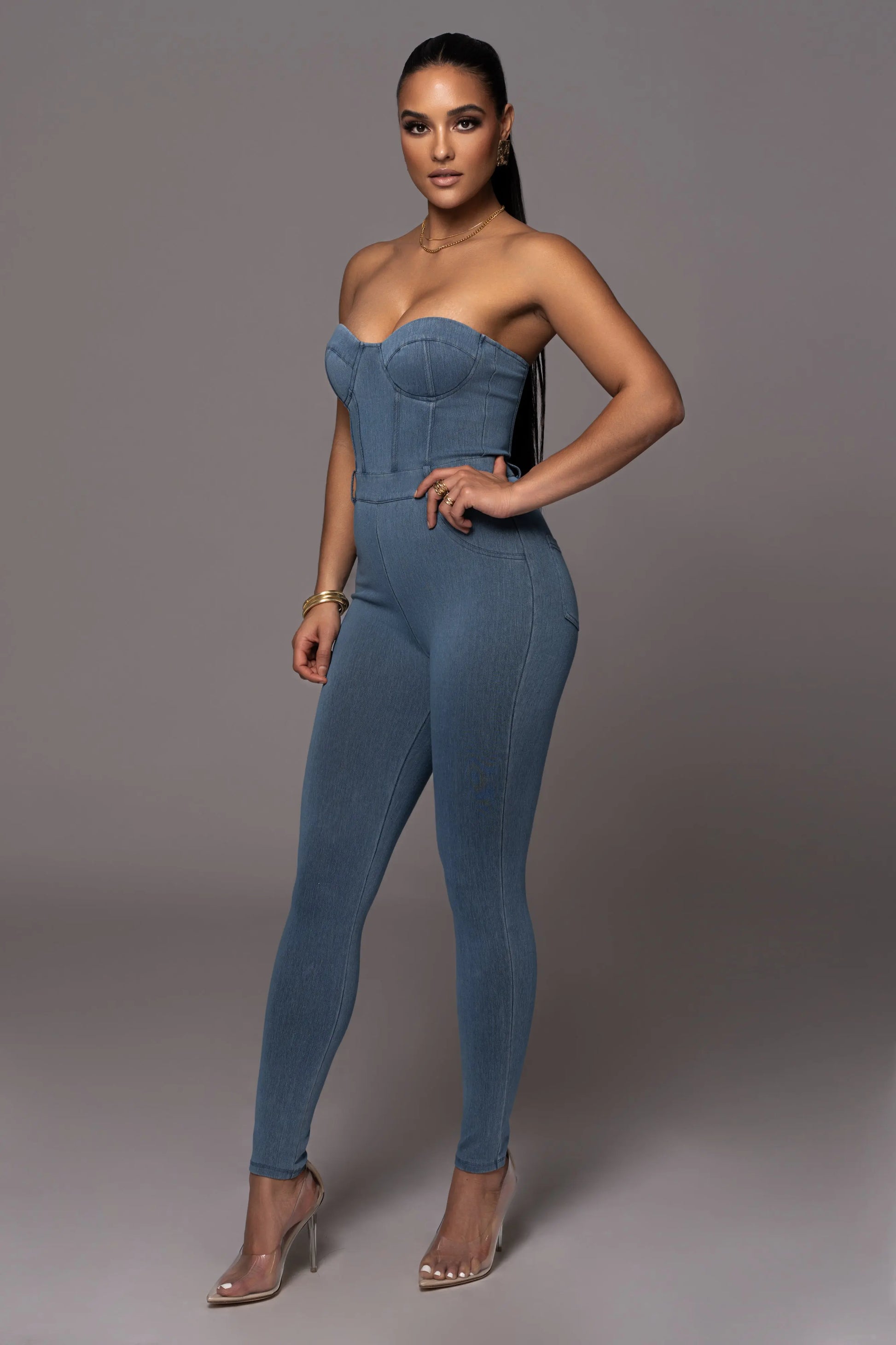 Medium Wash Denim Diya Bustier Jumpsuit JLUXLABEL