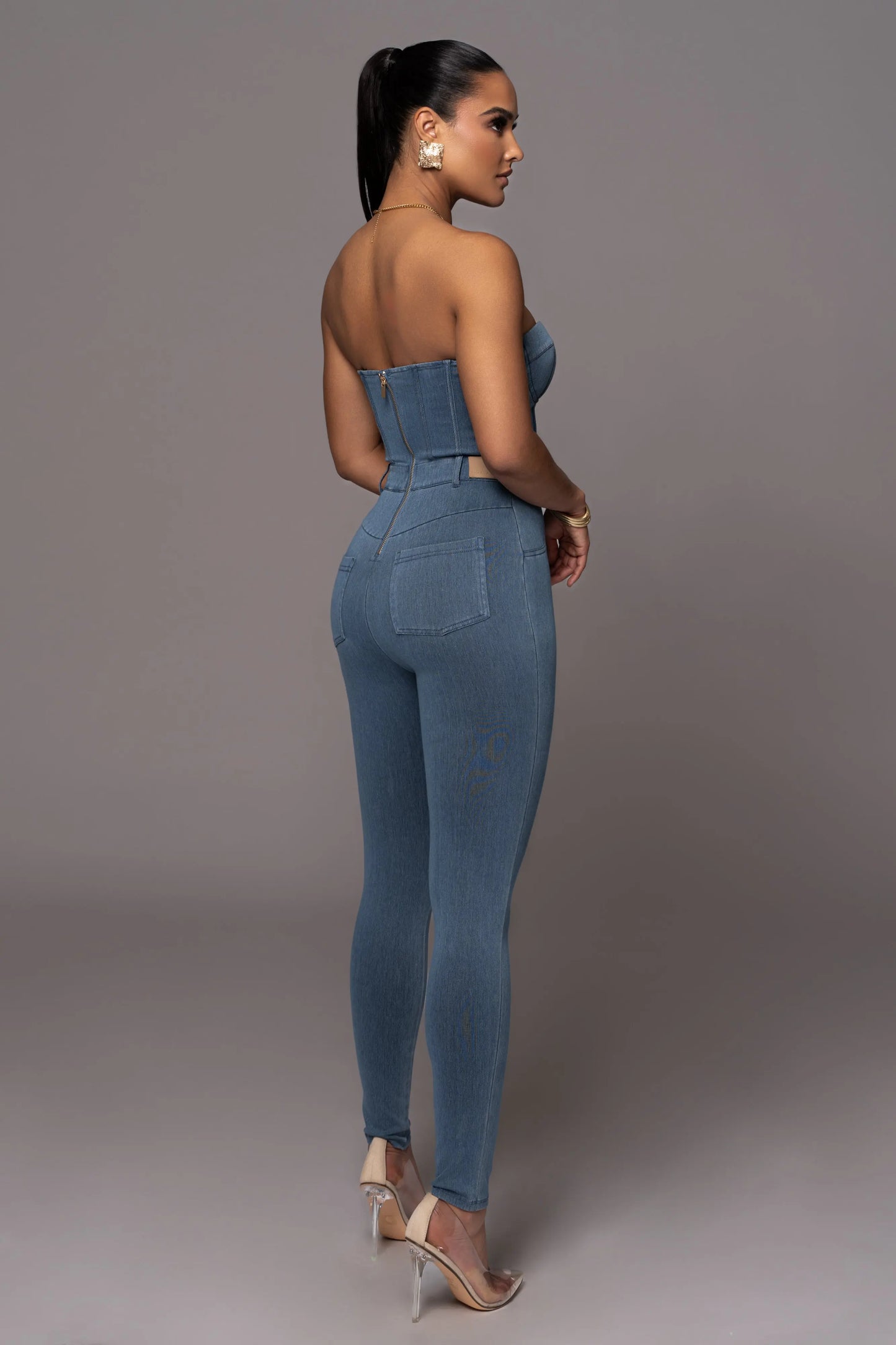 Medium Wash Denim Diya Bustier Jumpsuit JLUXLABEL