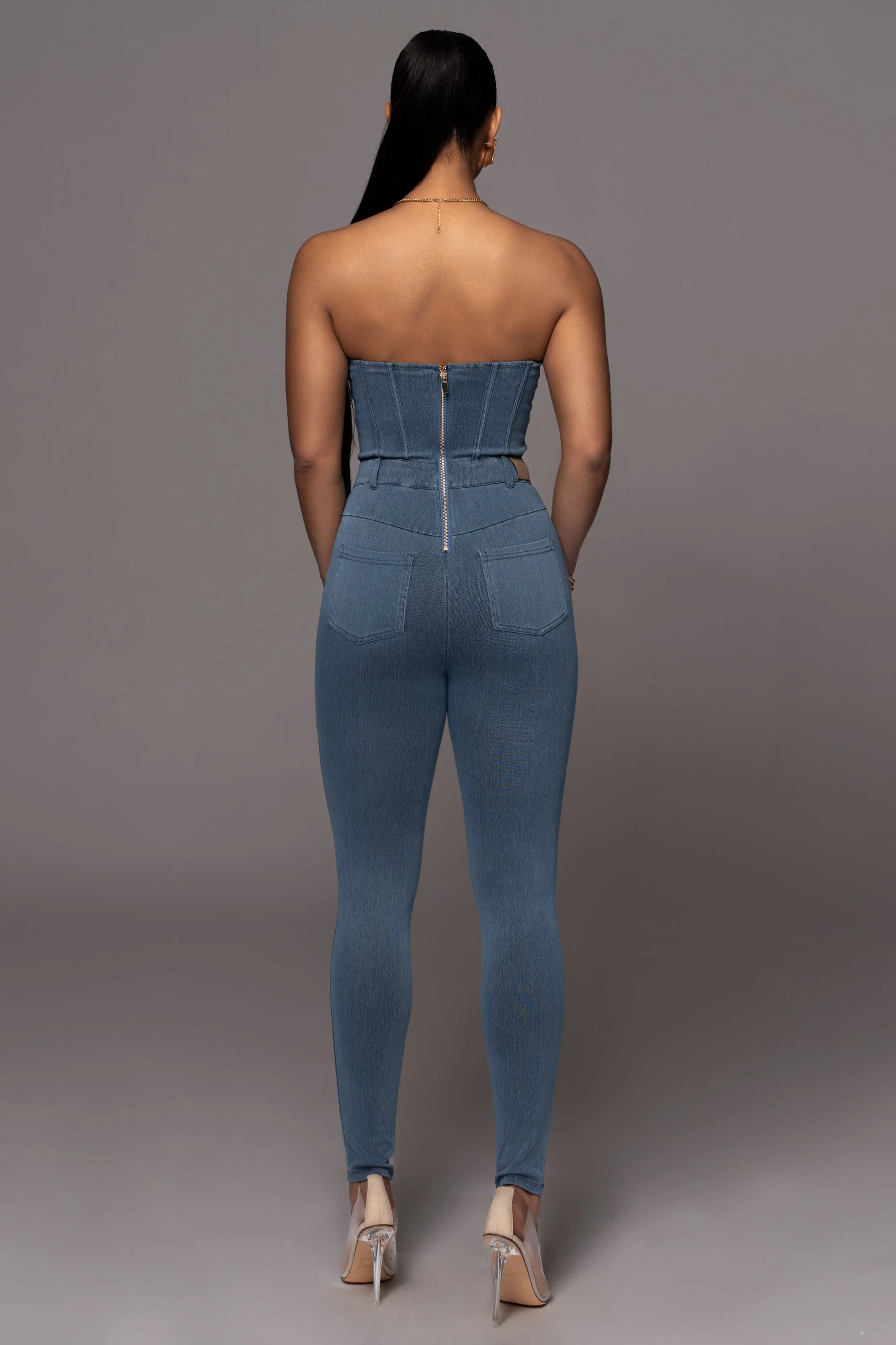 Medium Wash Denim Diya Bustier Jumpsuit JLUXLABEL