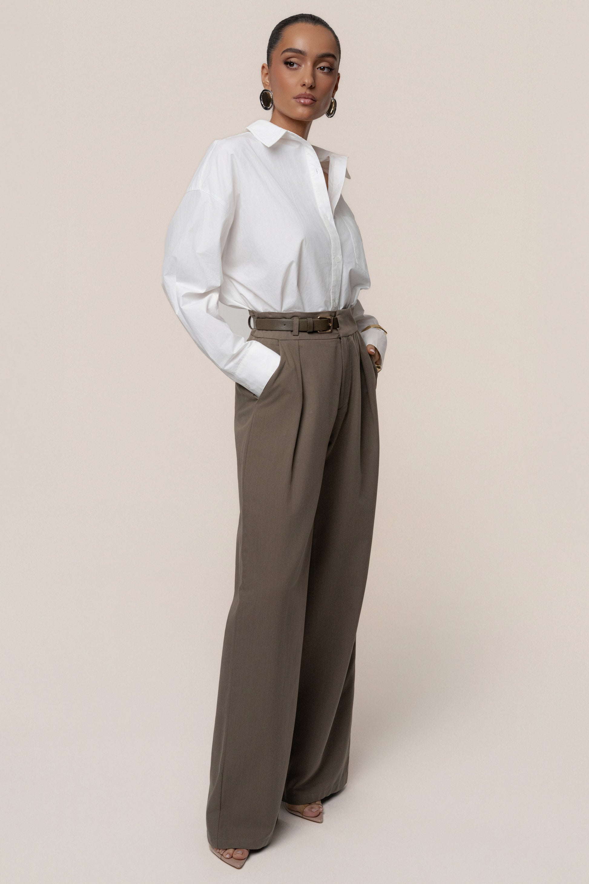 Dark Taupe Everywhere Belted Trousers JLUXLABEL