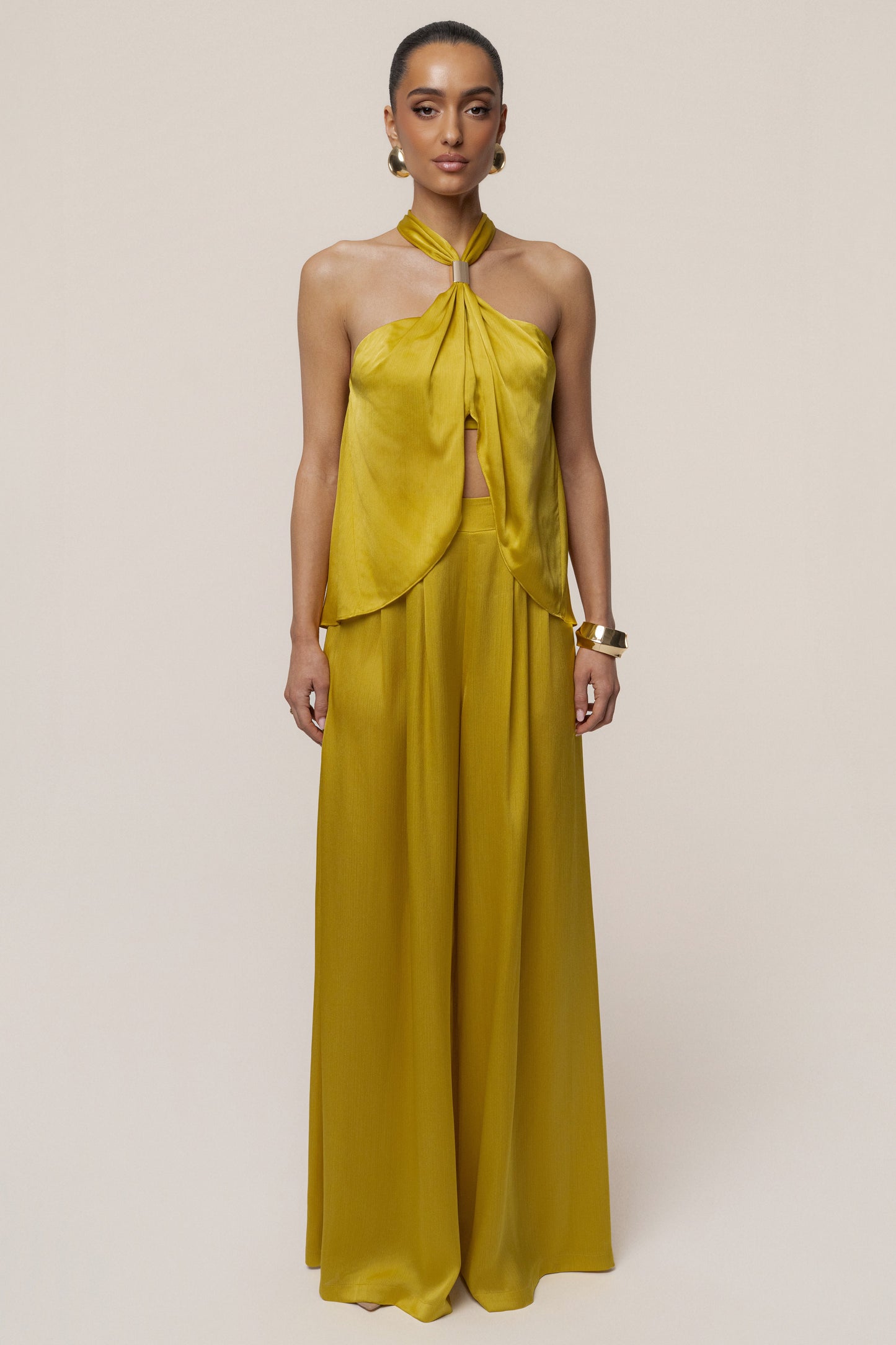 Yellow Cascade Satin Pant Set JLUXLABEL
