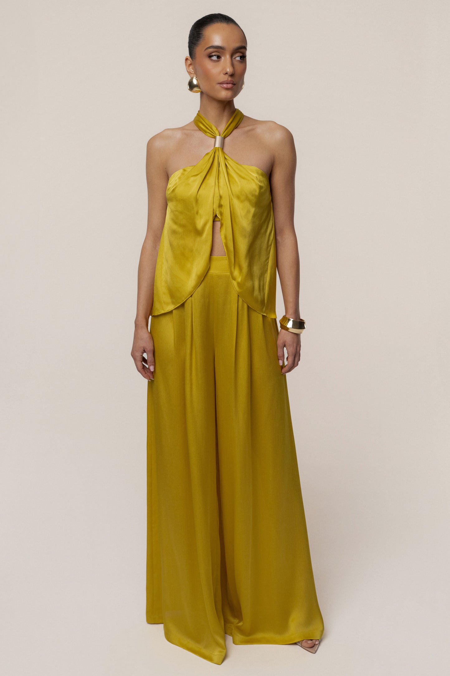 Yellow Cascade Satin Pant Set JLUXLABEL