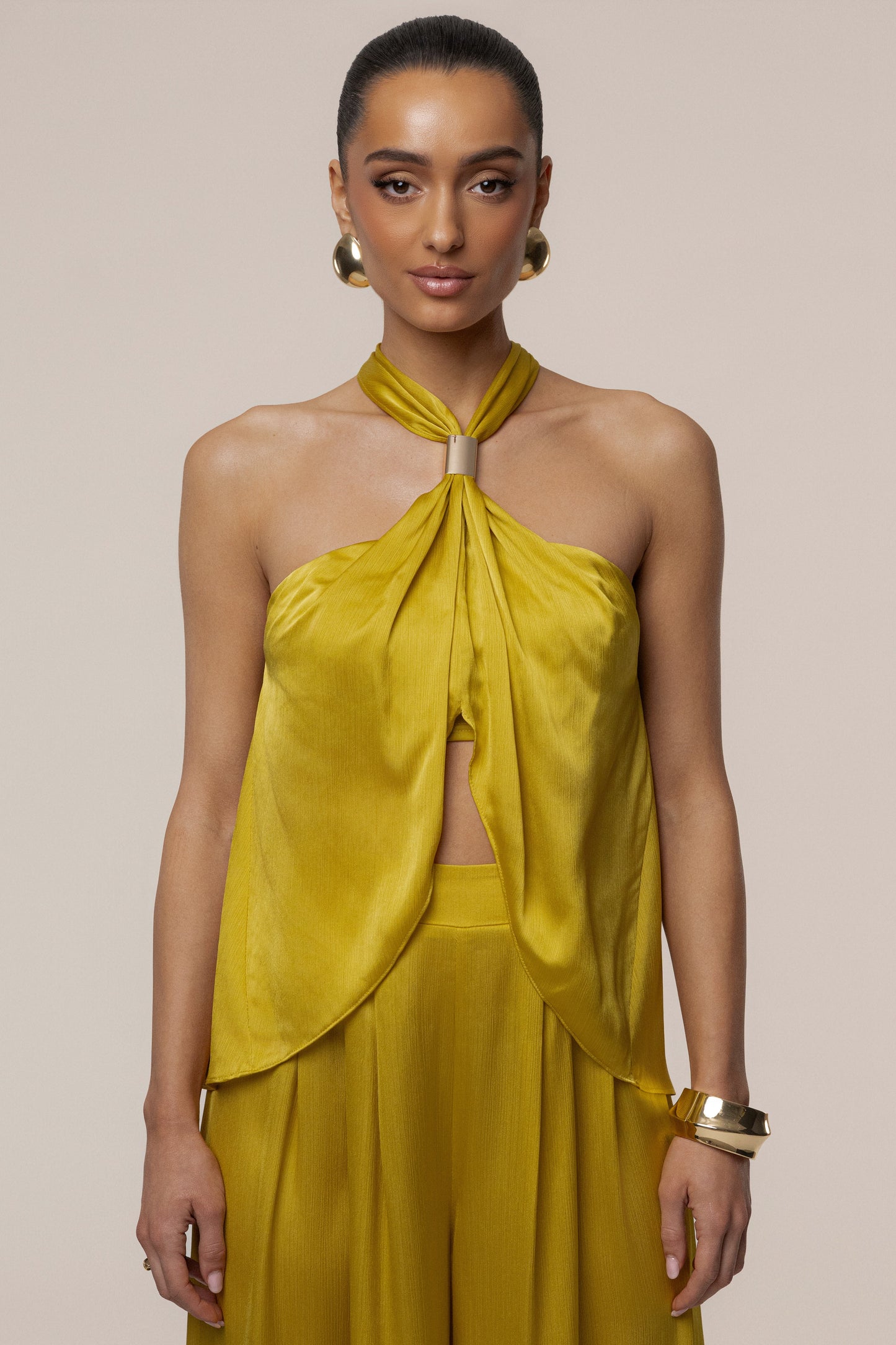 Yellow Cascade Satin Pant Set JLUXLABEL