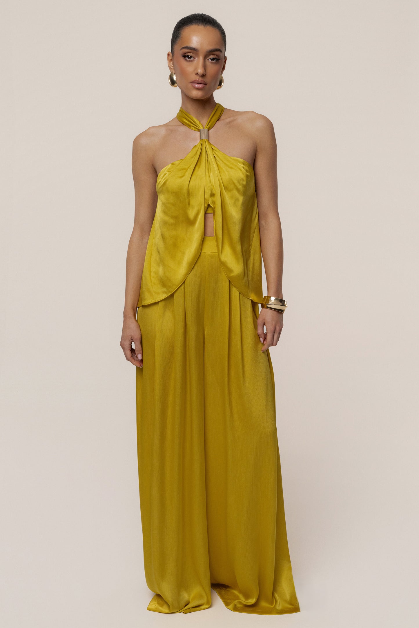 Yellow Cascade Satin Pant Set JLUXLABEL