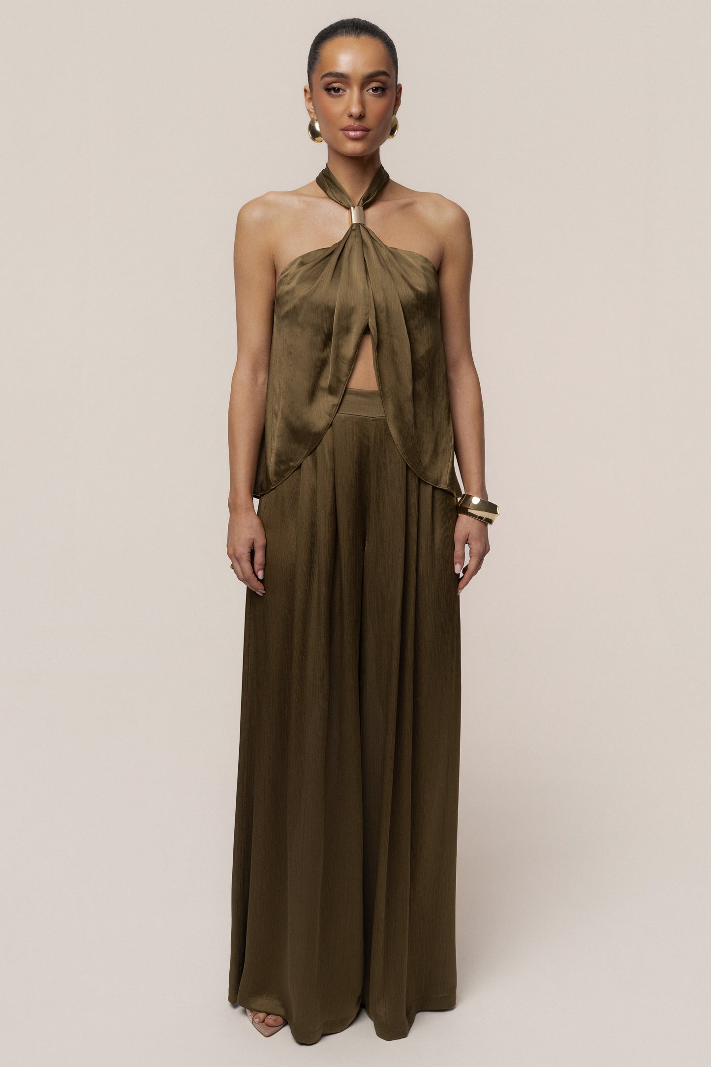 Olive Cascade Satin Pant Set JLUXLABEL