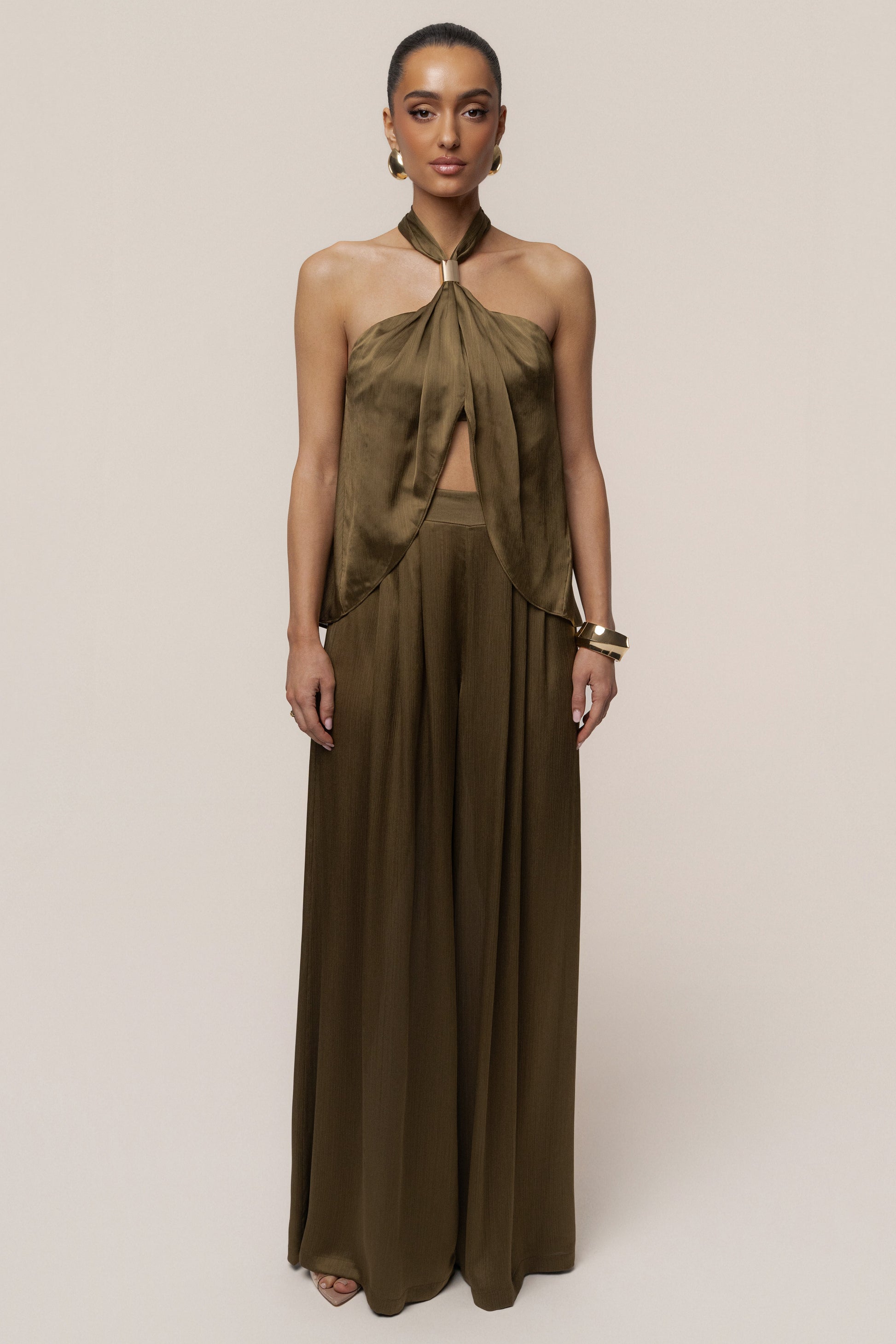 Olive Cascade Satin Pant Set JLUXLABEL