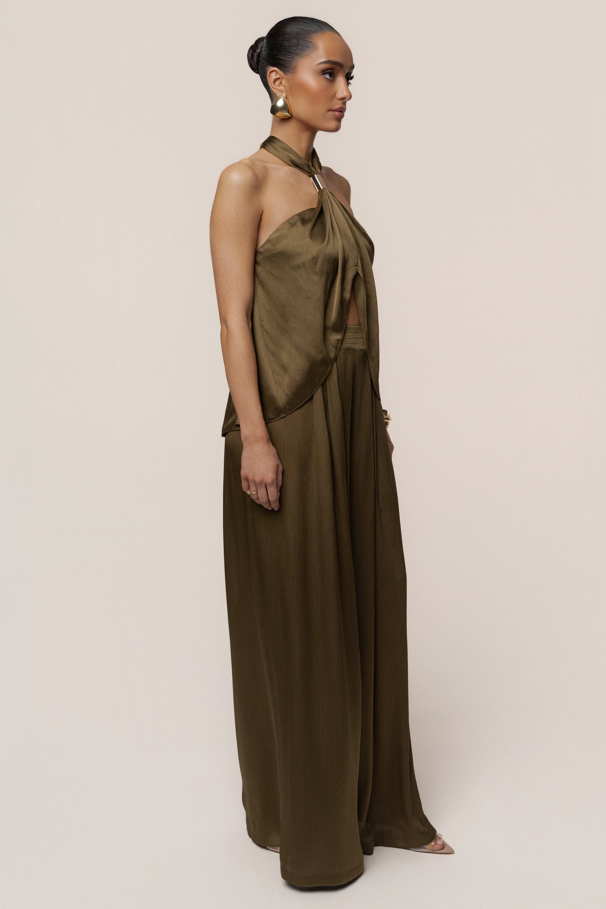 Olive Cascade Satin Pant Set JLUXLABEL
