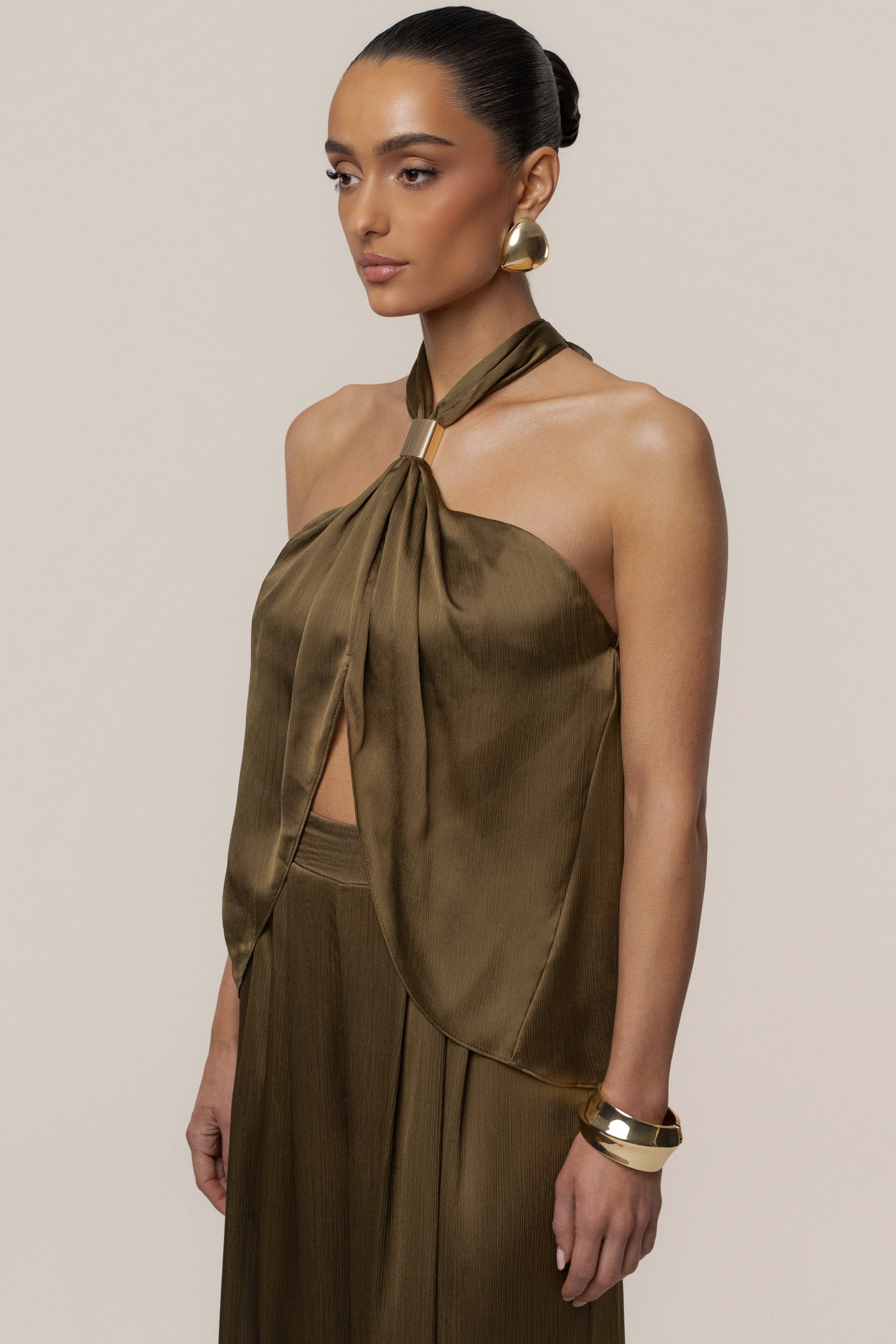 Olive Cascade Satin Pant Set JLUXLABEL