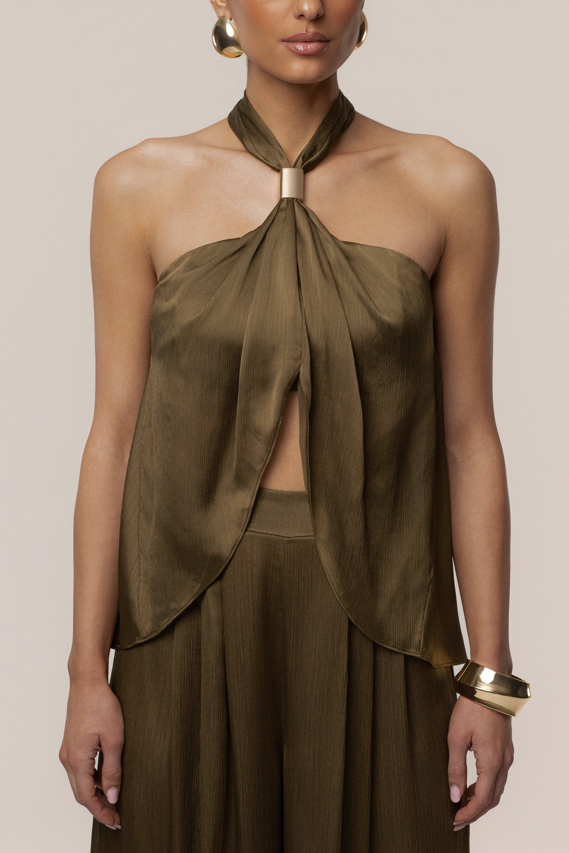 Olive Cascade Satin Pant Set JLUXLABEL