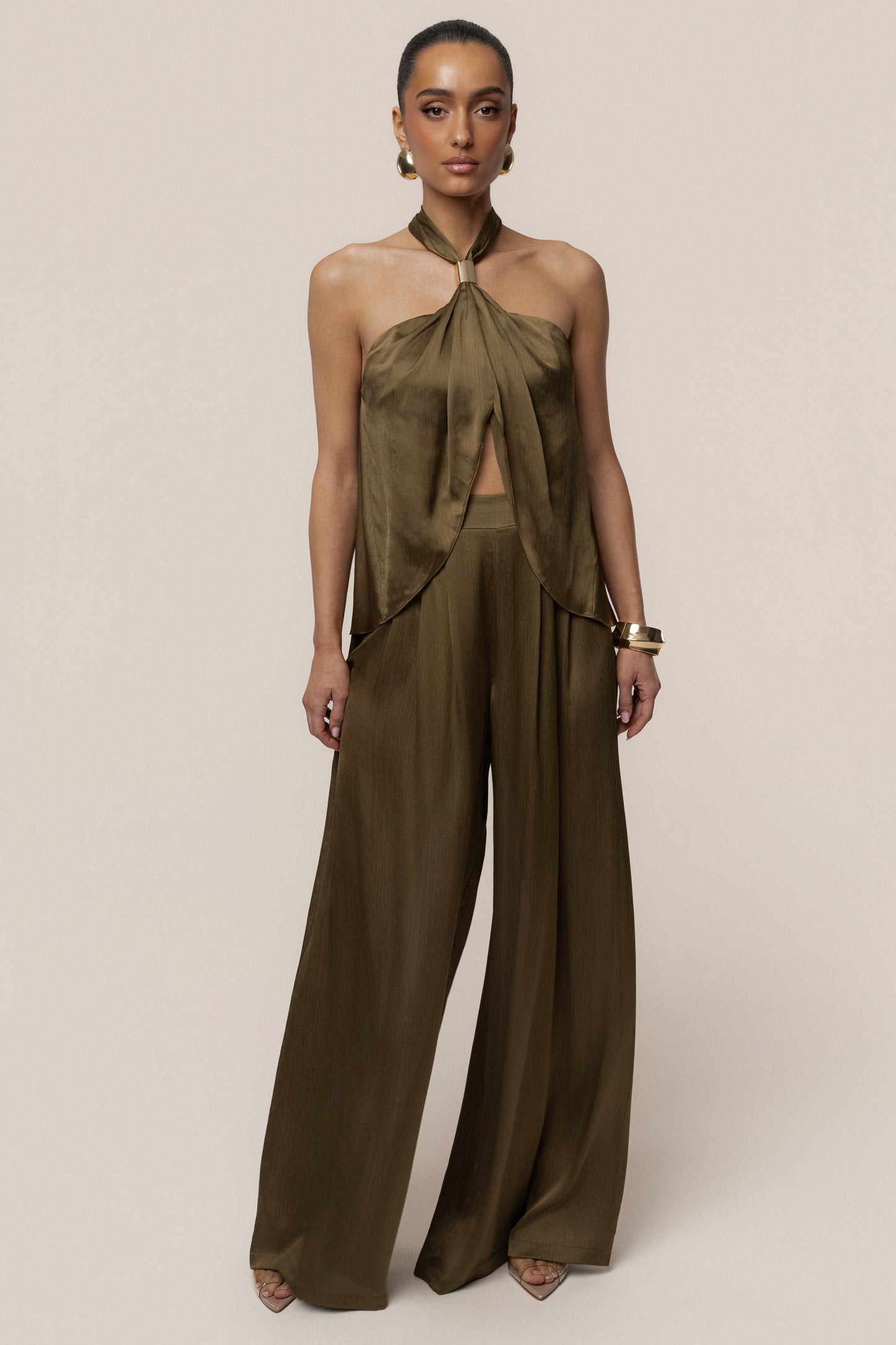 Olive Cascade Satin Pant Set JLUXLABEL