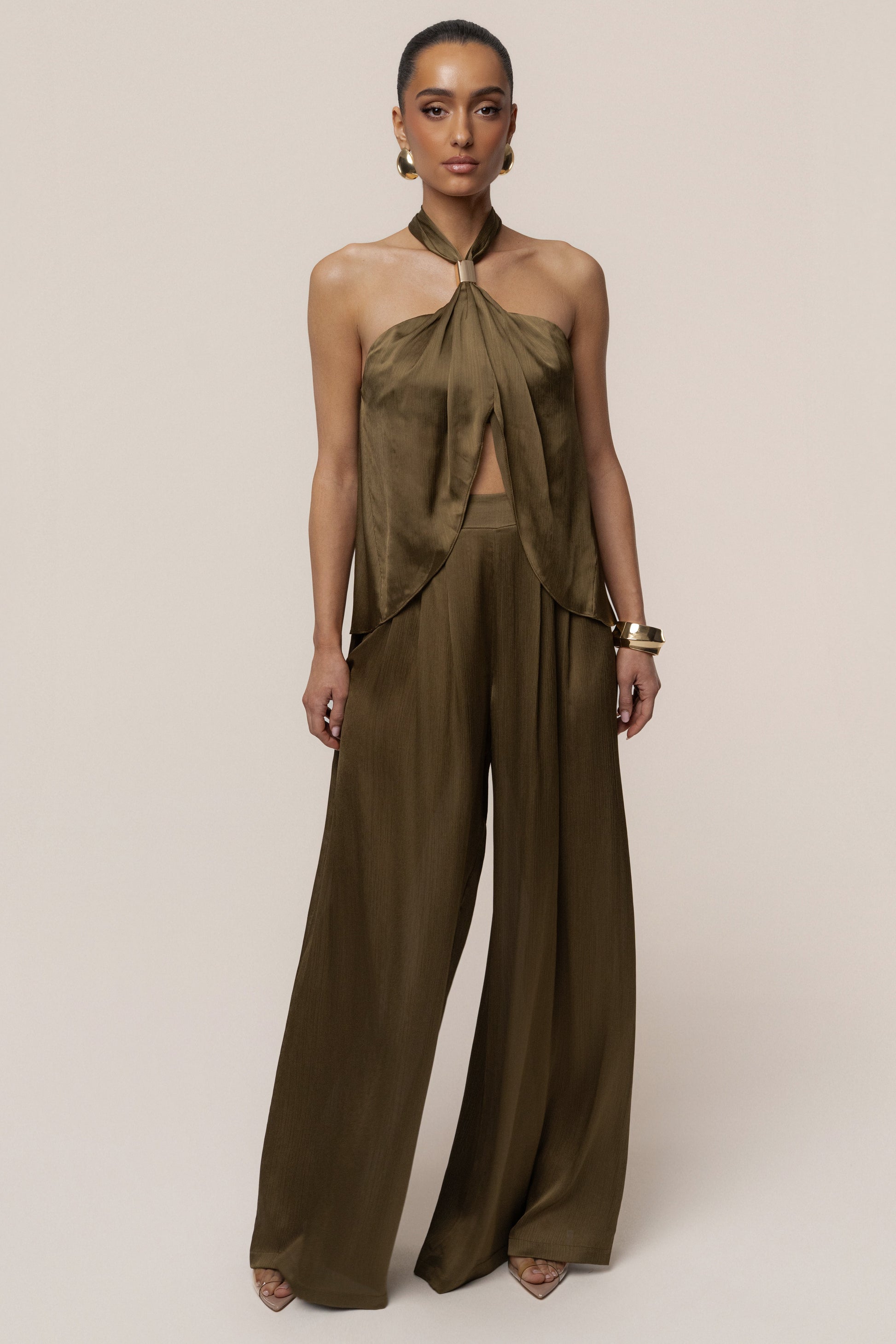 Olive Cascade Satin Pant Set JLUXLABEL
