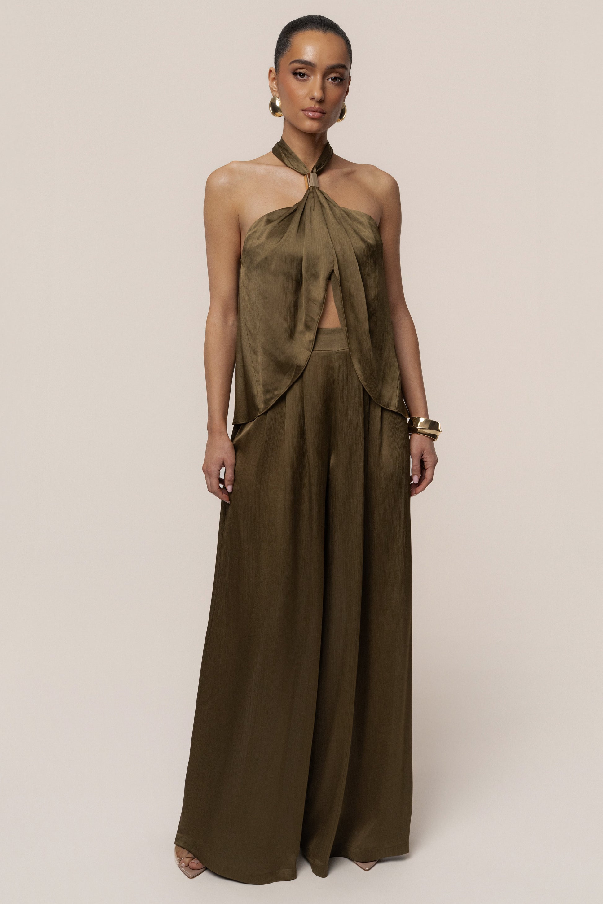 Olive Cascade Satin Pant Set JLUXLABEL