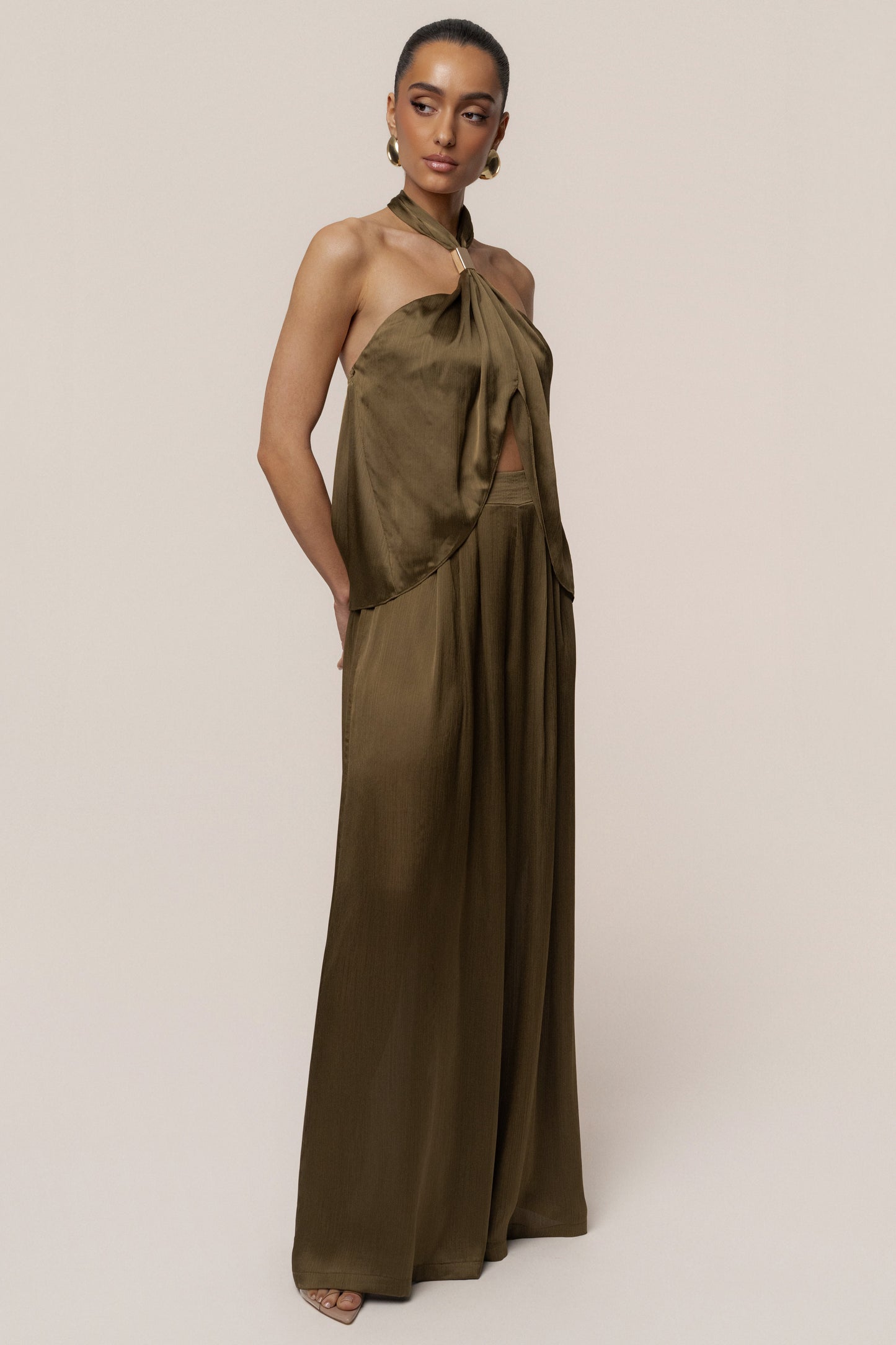 Olive Cascade Satin Pant Set JLUXLABEL