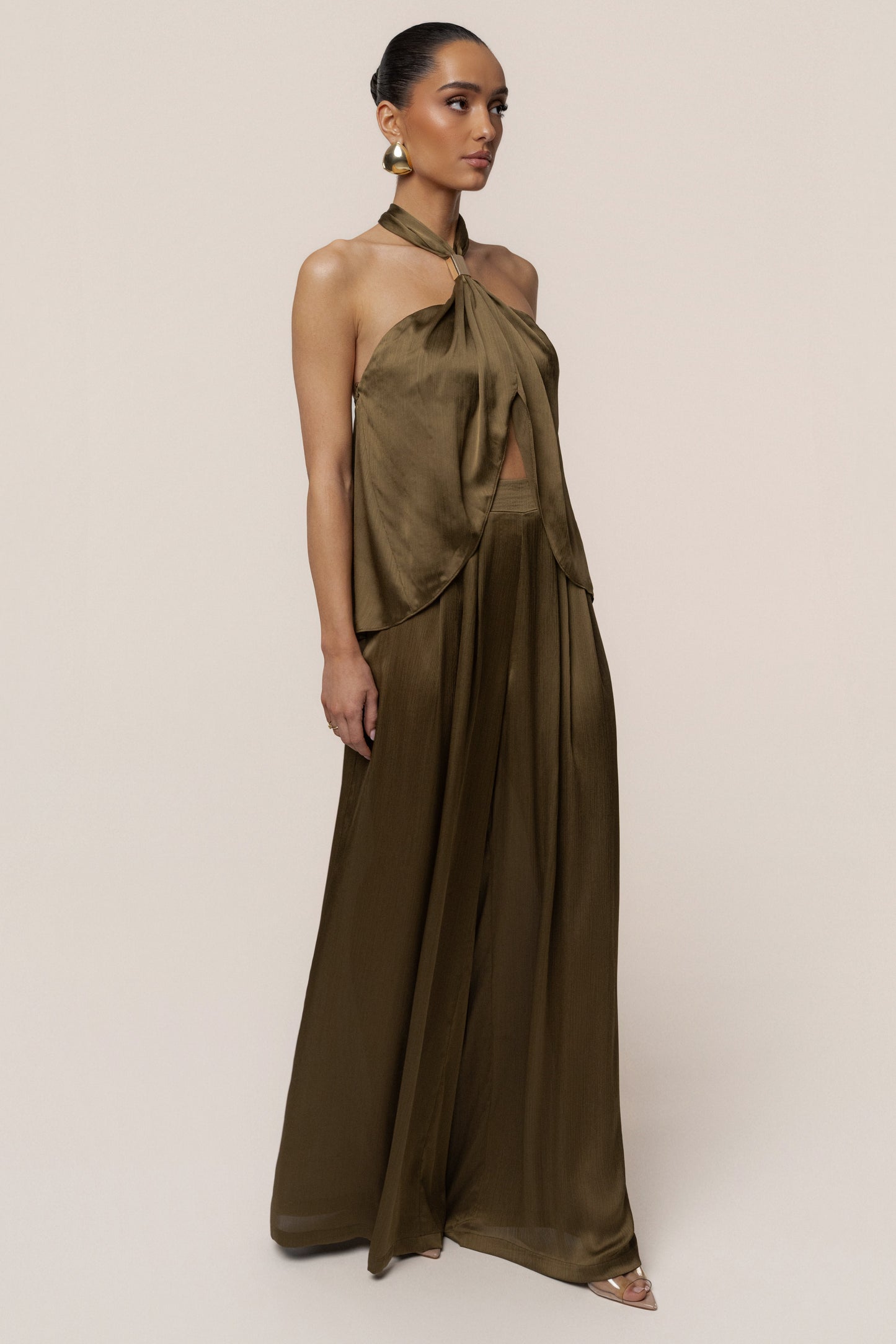 Olive Cascade Satin Pant Set JLUXLABEL