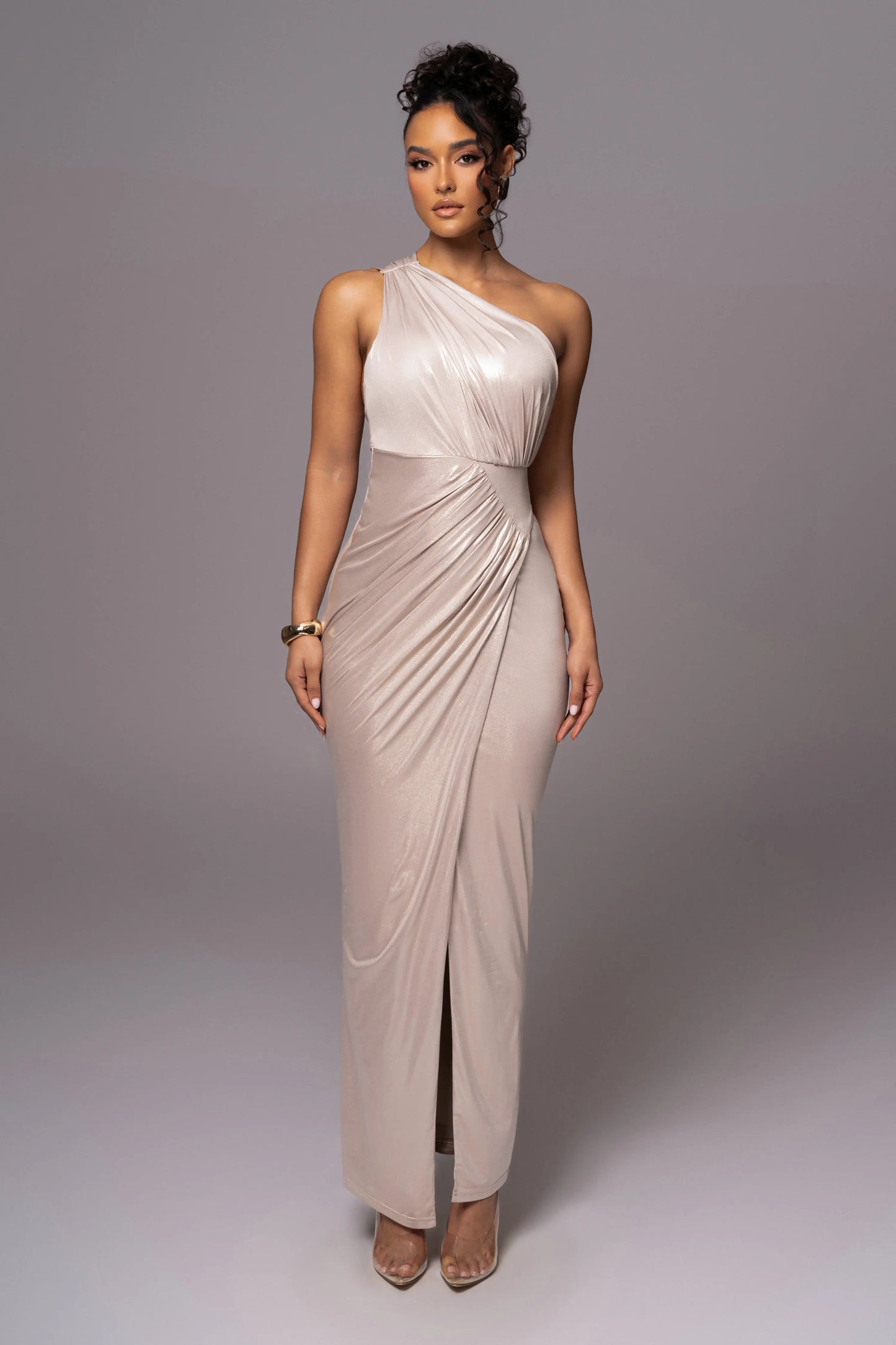 Champagne Lavina Metallic Maxi Dress JLUXLABEL