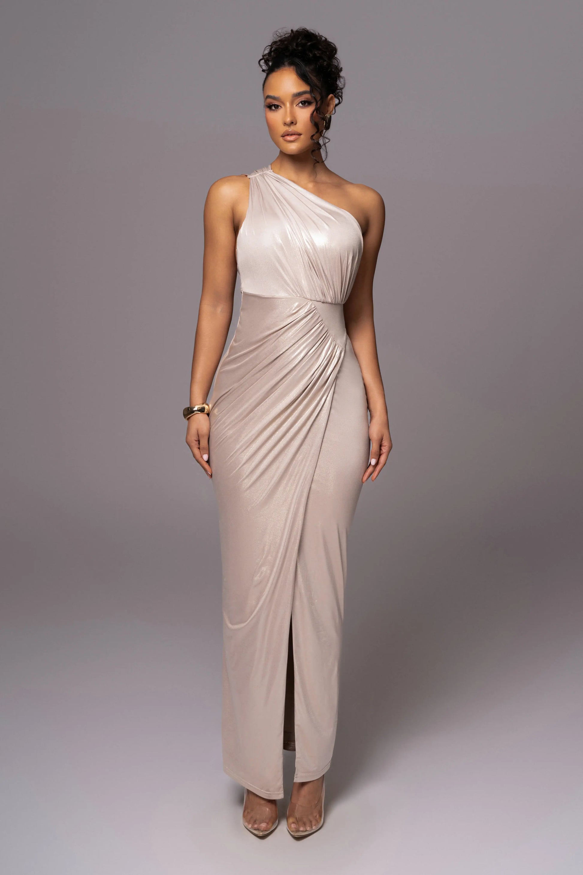 Champagne Lavina Metallic Maxi Dress JLUXLABEL