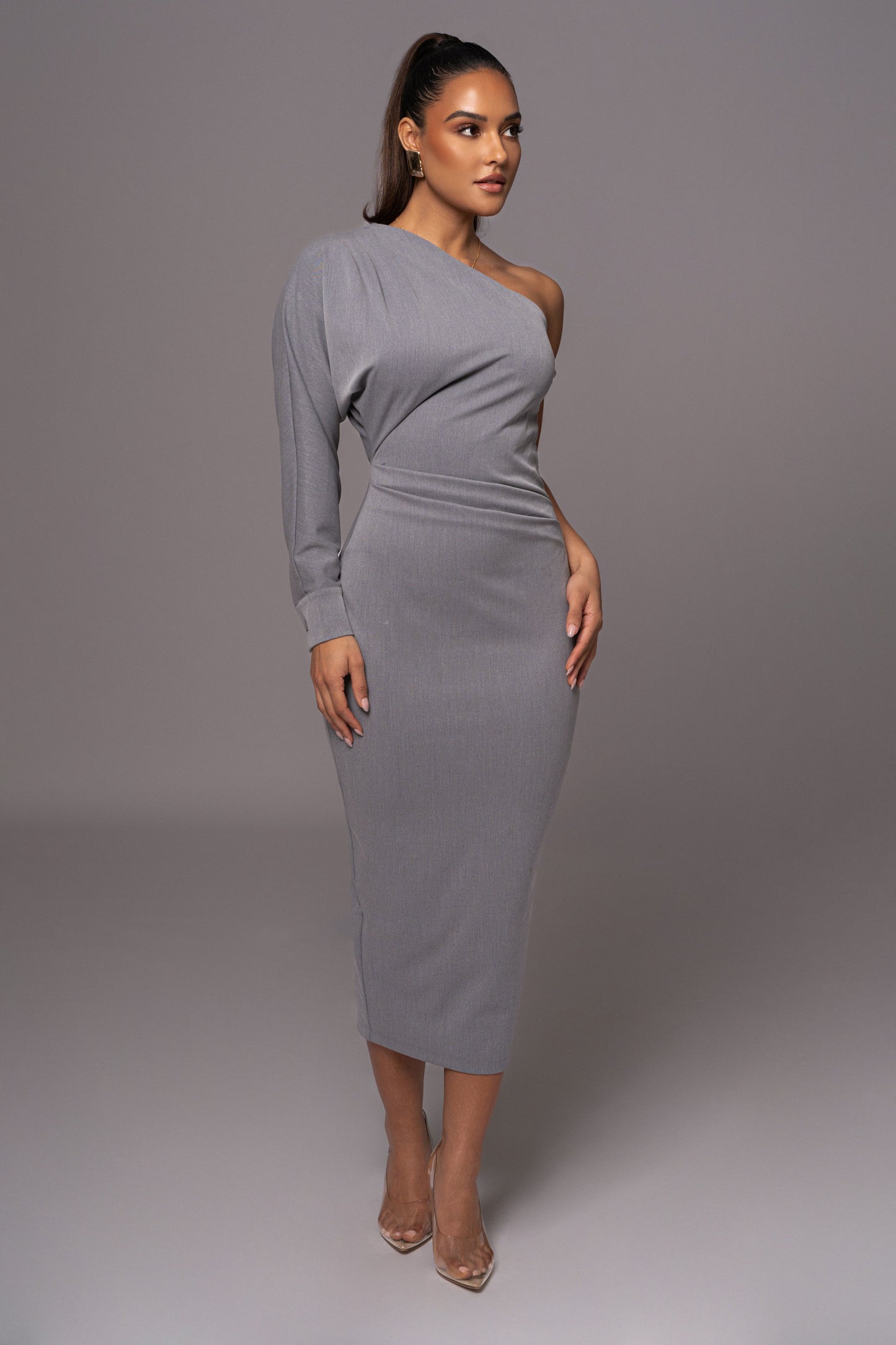 Grey Racheal One Shoulder Midi Dress
