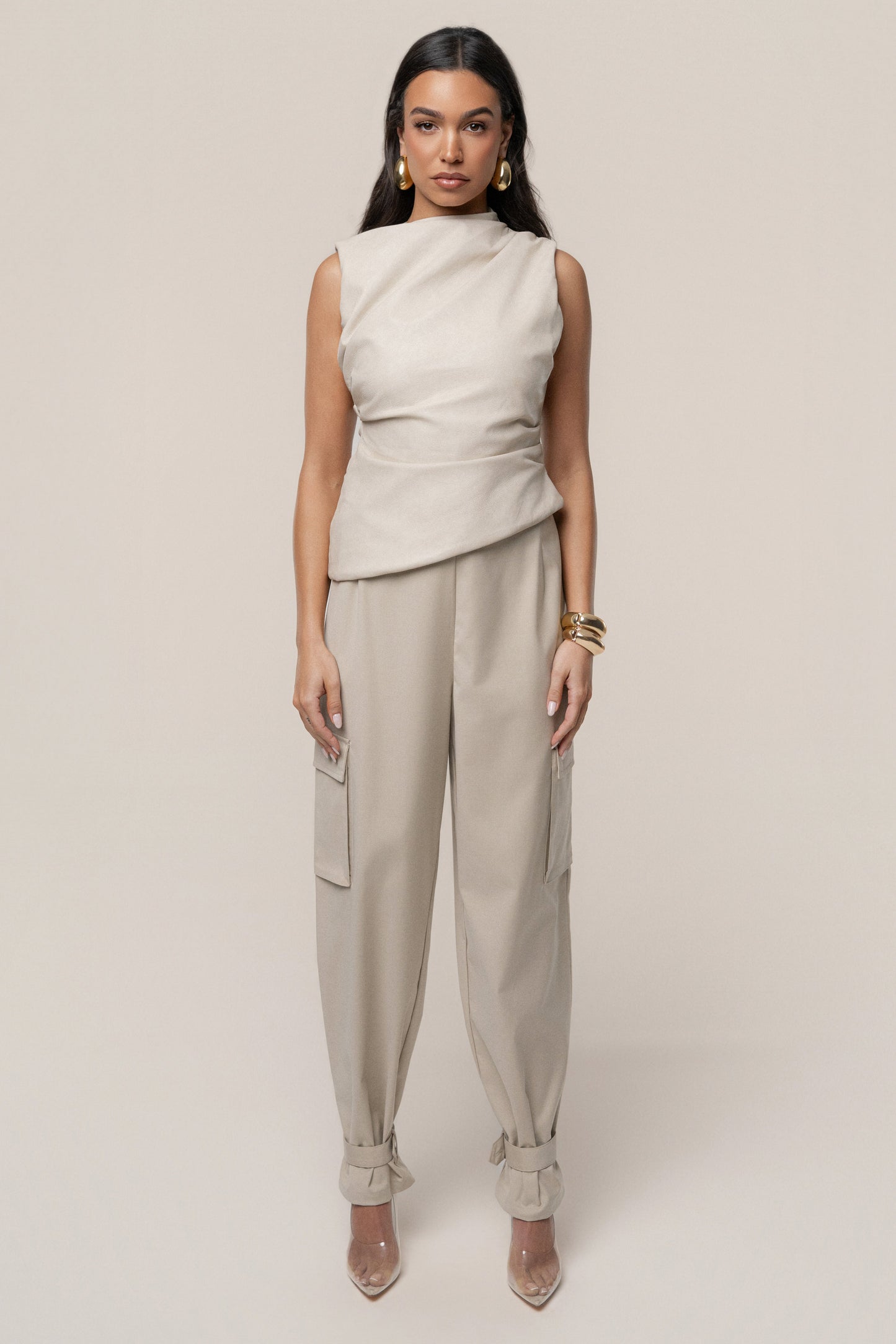 Beige Sleeveless Mock Neck Top JLUXLABEL