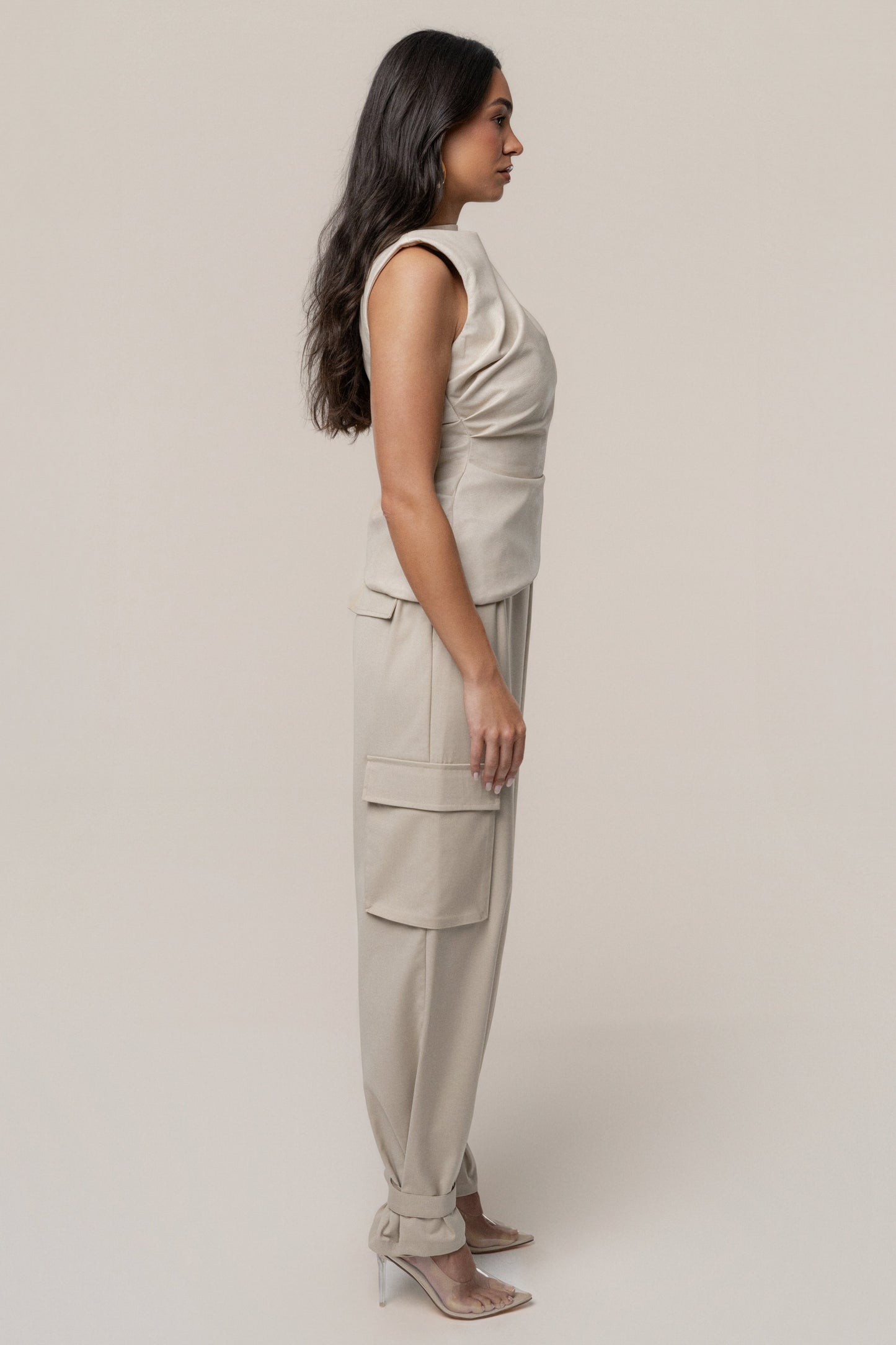 Beige Sleeveless Mock Neck Top JLUXLABEL