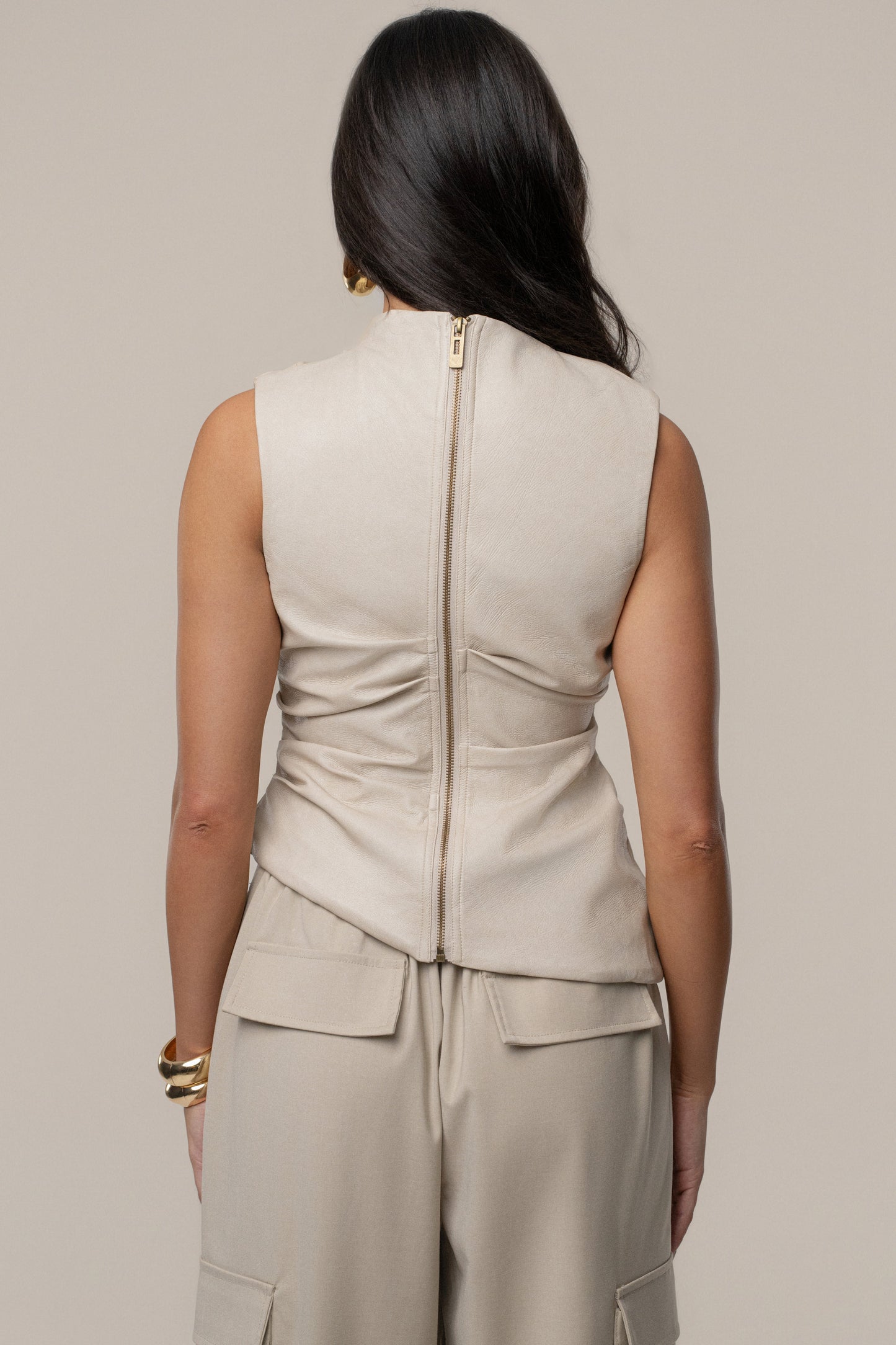 Beige Sleeveless Mock Neck Top JLUXLABEL