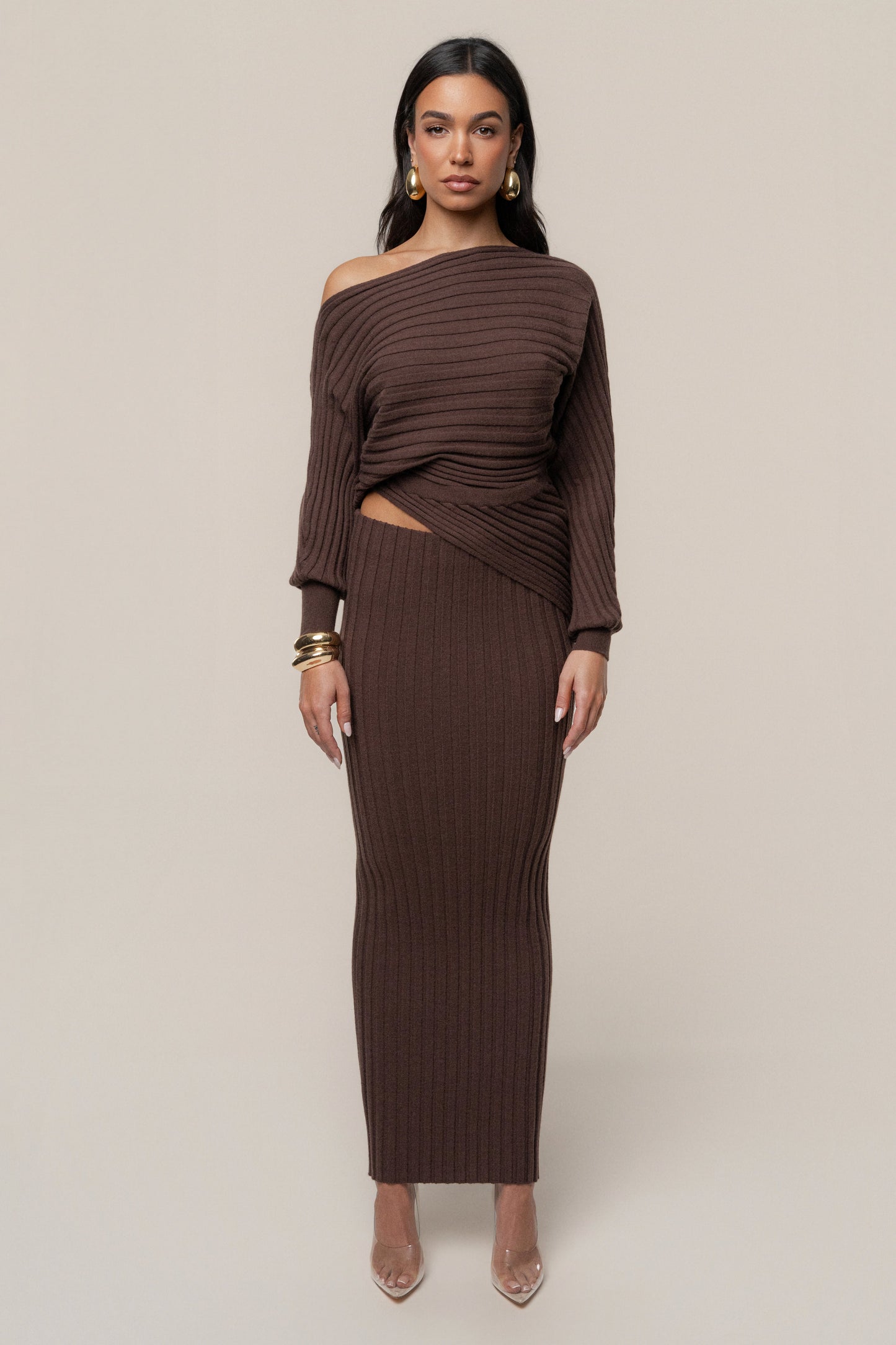 Brown Clarity Ribbed Skirt Set JLUXLABEL