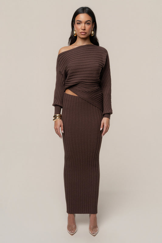 Brown Clarity Ribbed Skirt Set JLUXLABEL