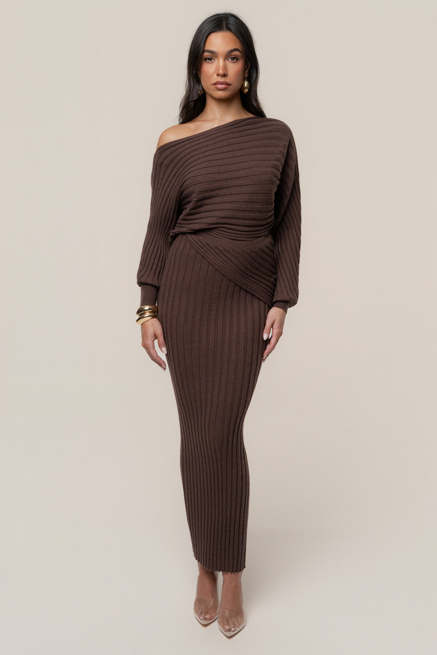 Brown Clarity Ribbed Skirt Set JLUXLABEL