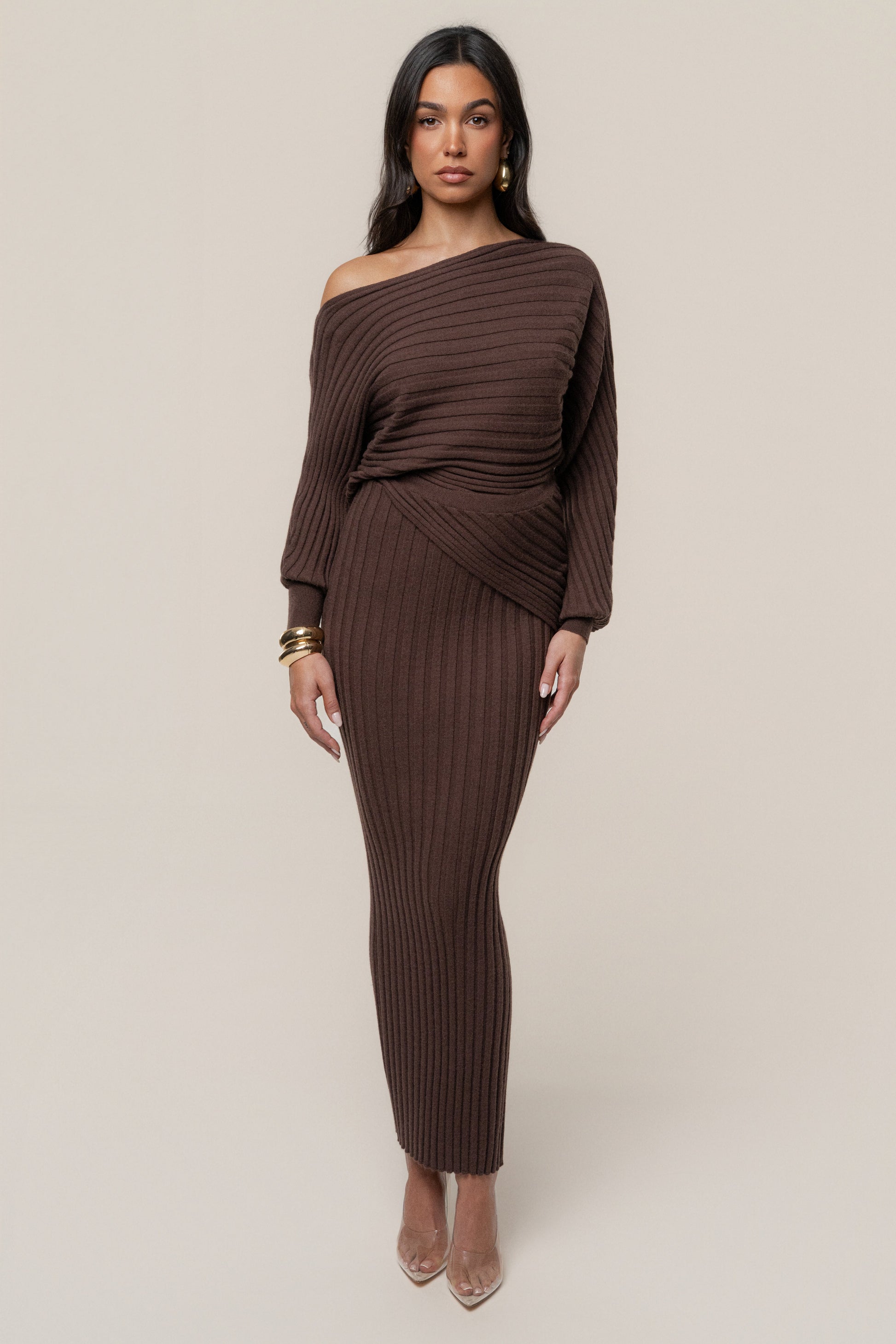 Brown Clarity Ribbed Skirt Set JLUXLABEL