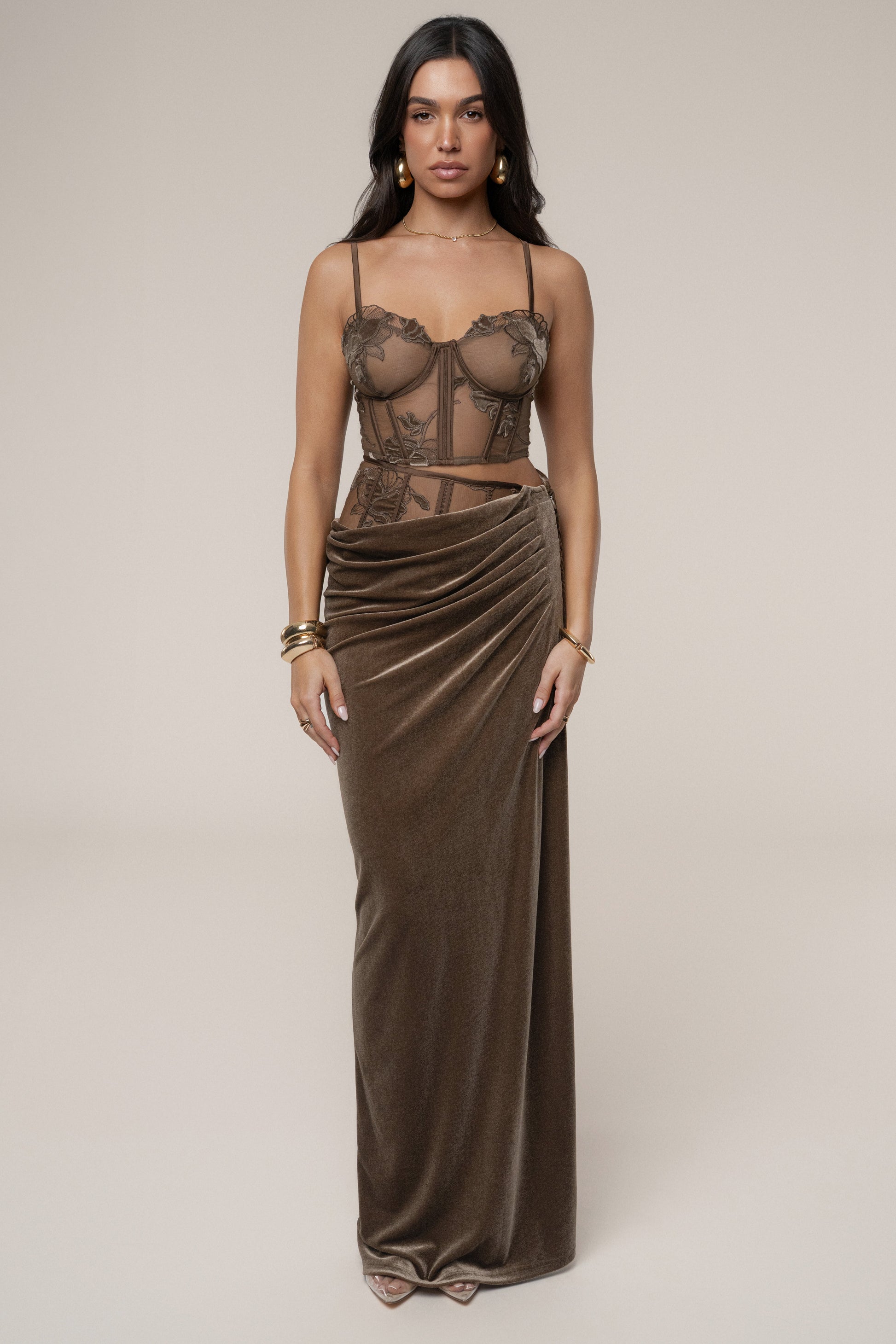 Dark Taupe Velvet And Lace Maxi Skirt JLUXLABEL
