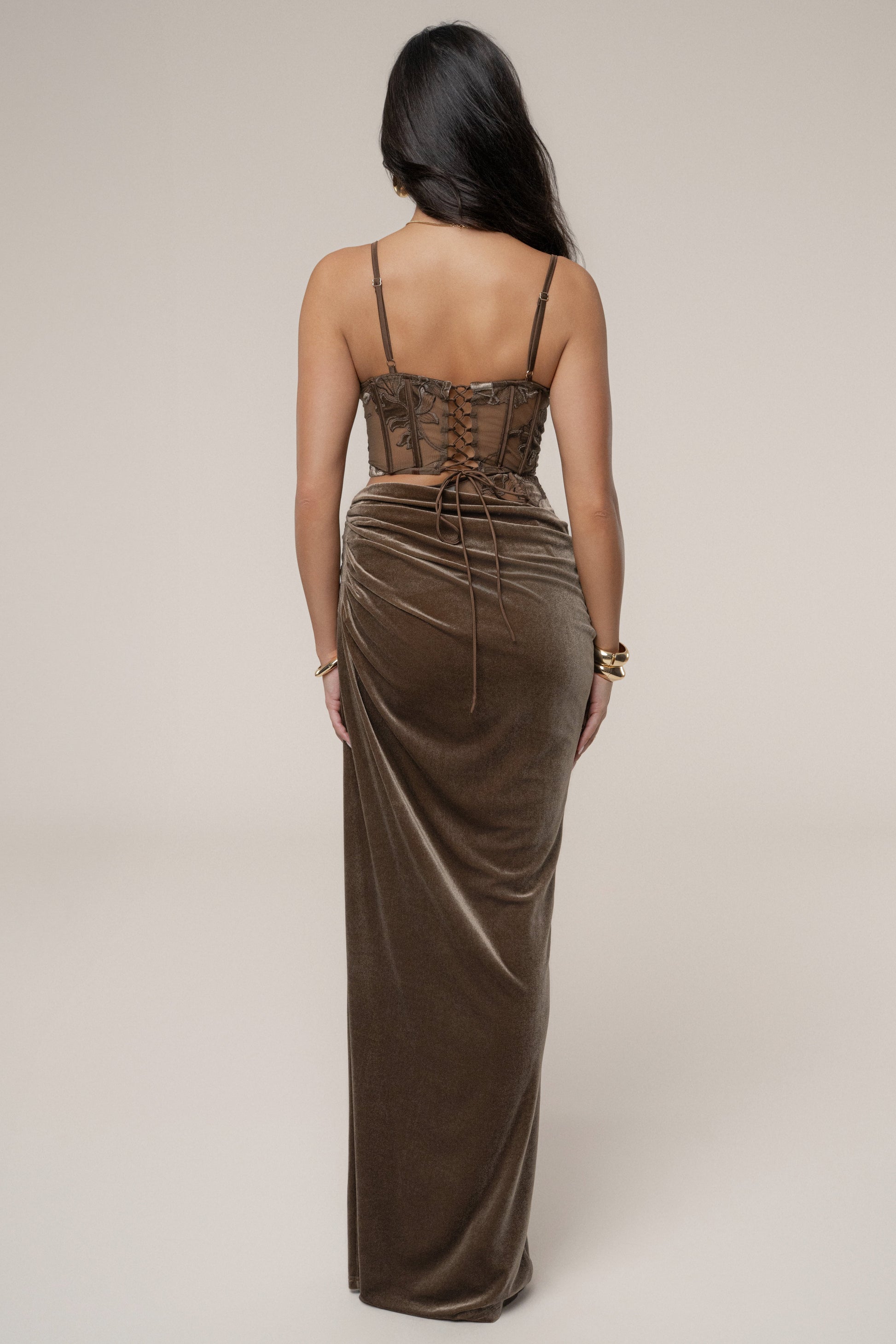 Dark Taupe Velvet And Lace Maxi Skirt JLUXLABEL