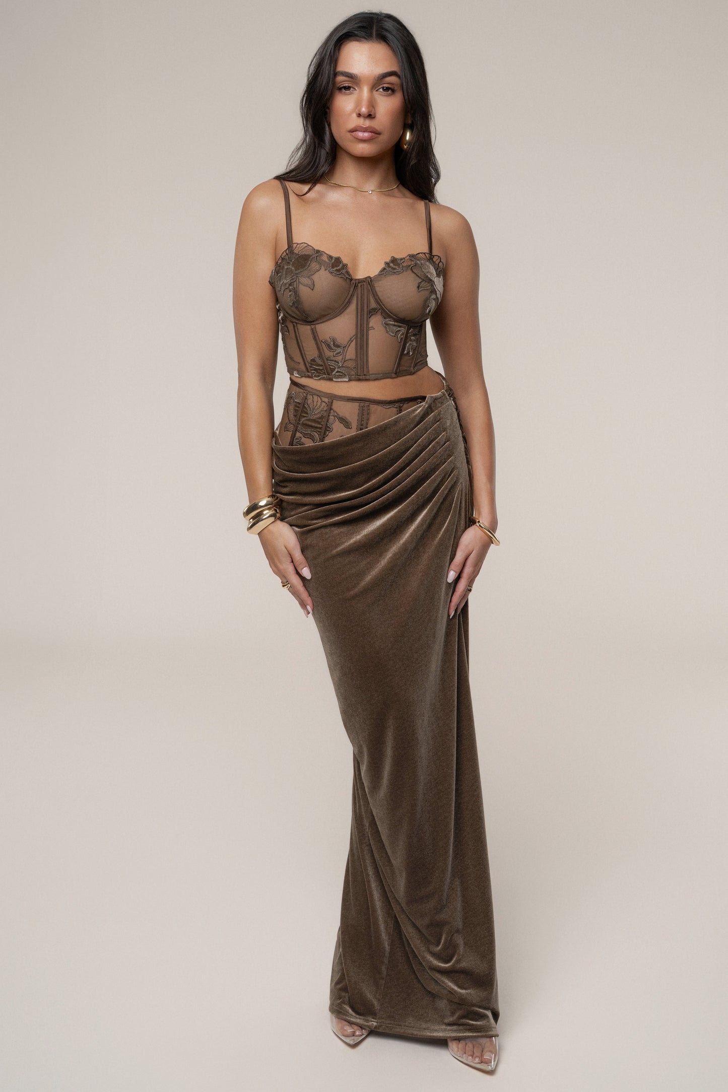 PRE-ORDER Dark Taupe Velvet And Lace Bustier JLUXLABEL