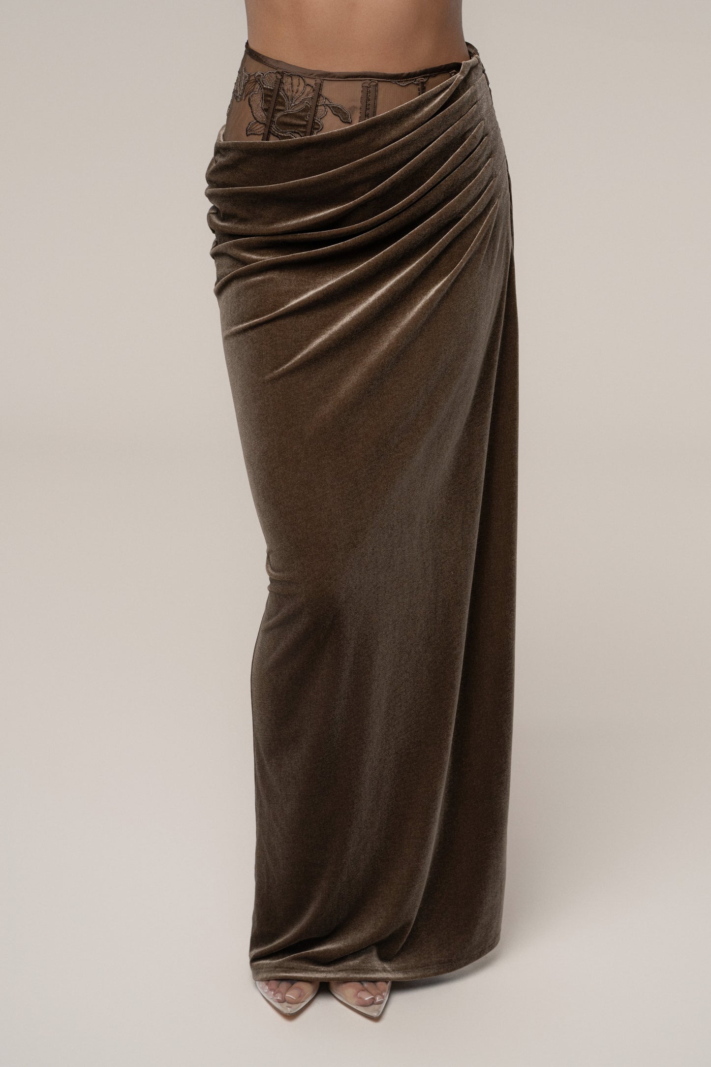 Dark Taupe Velvet And Lace Maxi Skirt JLUXLABEL