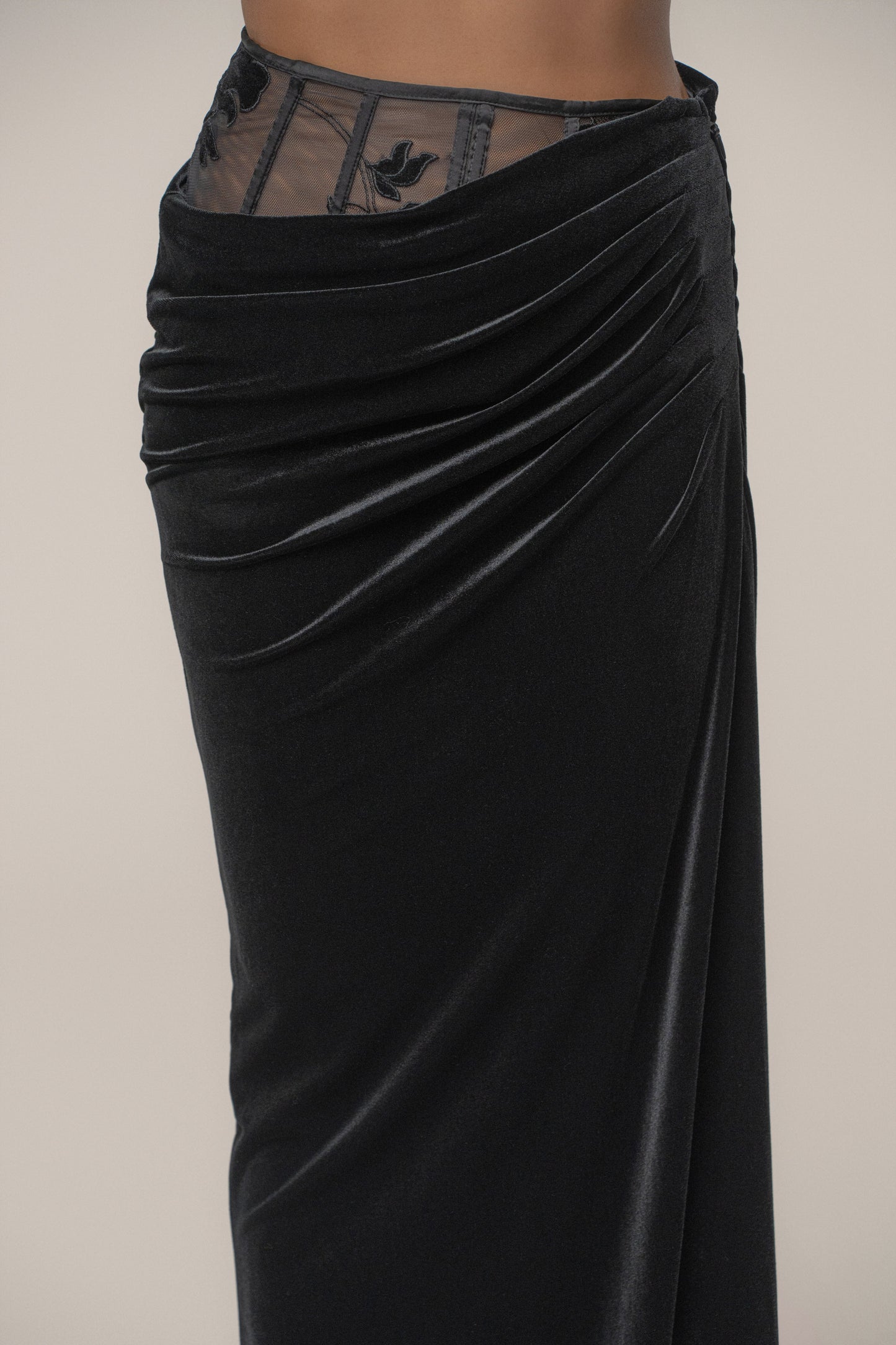 Black Velvet And Lace Maxi Skirt JLUXLABEL