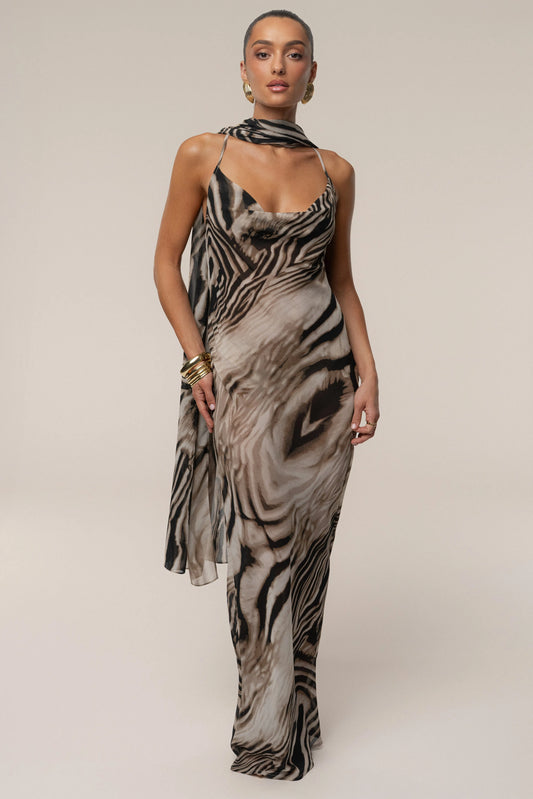 Brown Zebra Print Infinite Journey Maxi Dress JLUXLABEL