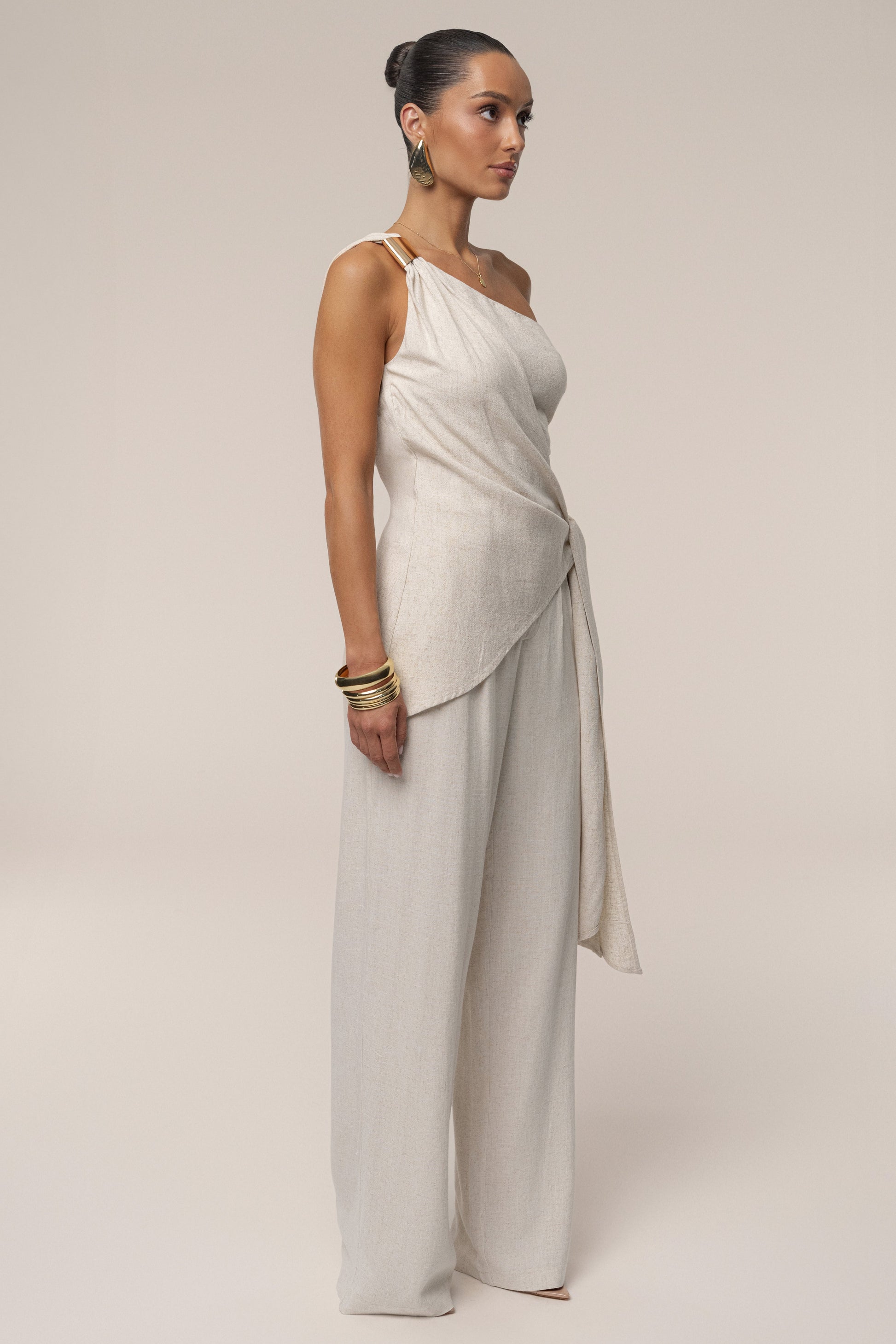 Beige Palmera One Shoulder Top JLUXLABEL