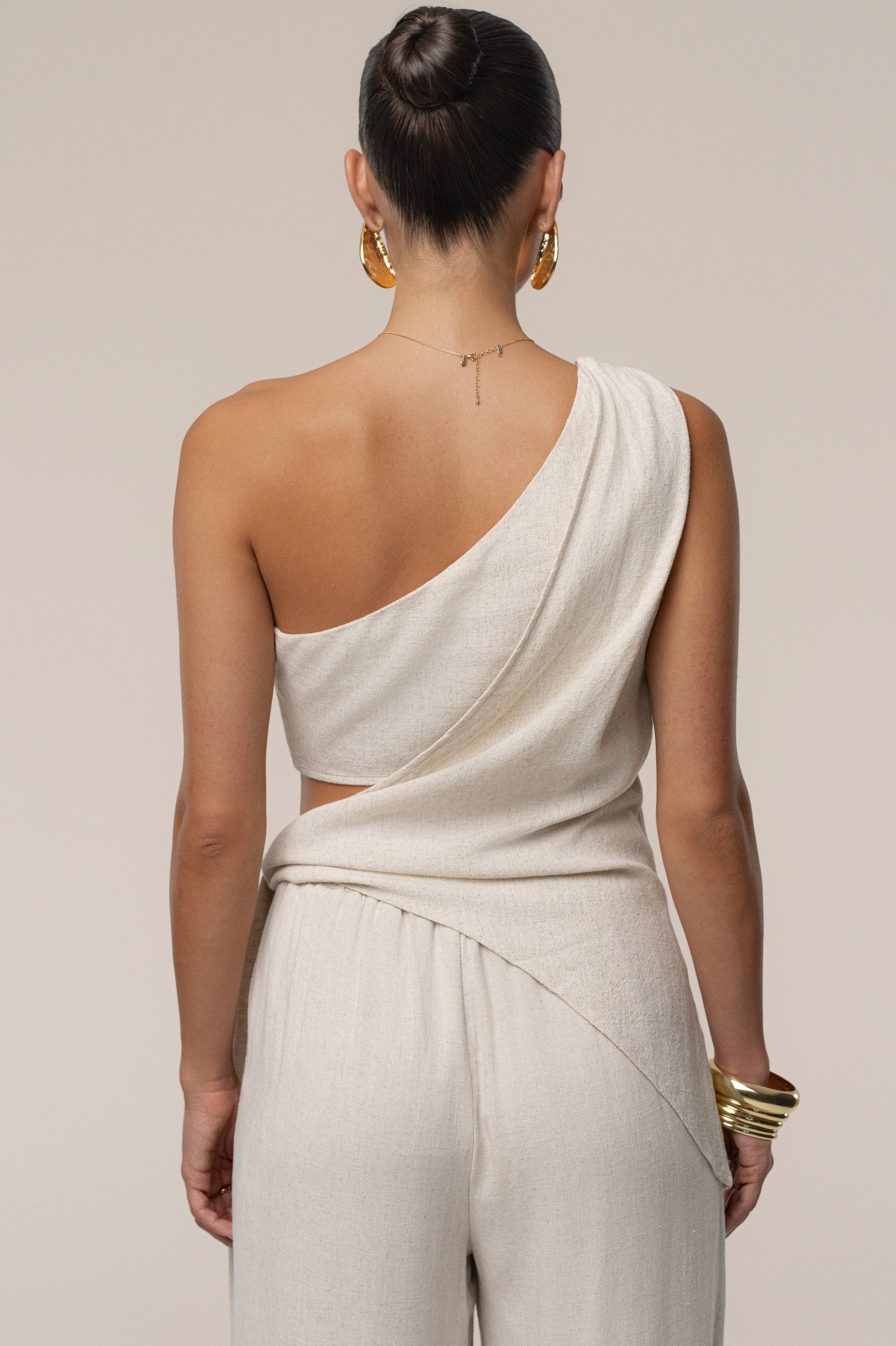 Beige Palmera One Shoulder Top JLUXLABEL