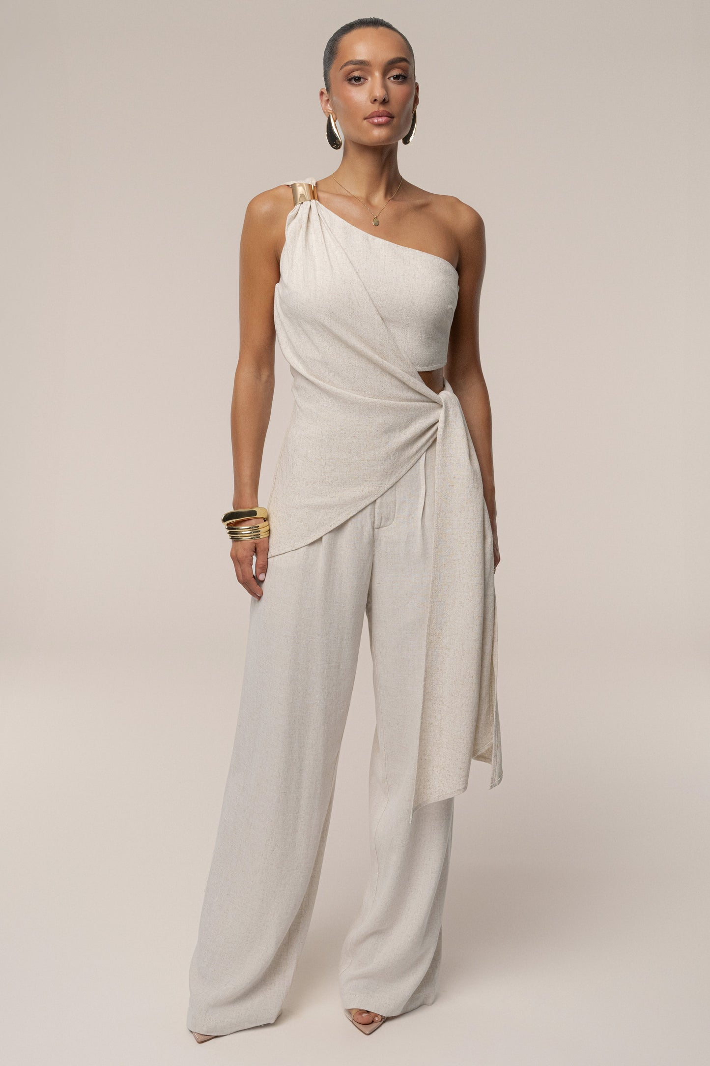 Beige Palmera One Shoulder Top JLUXLABEL