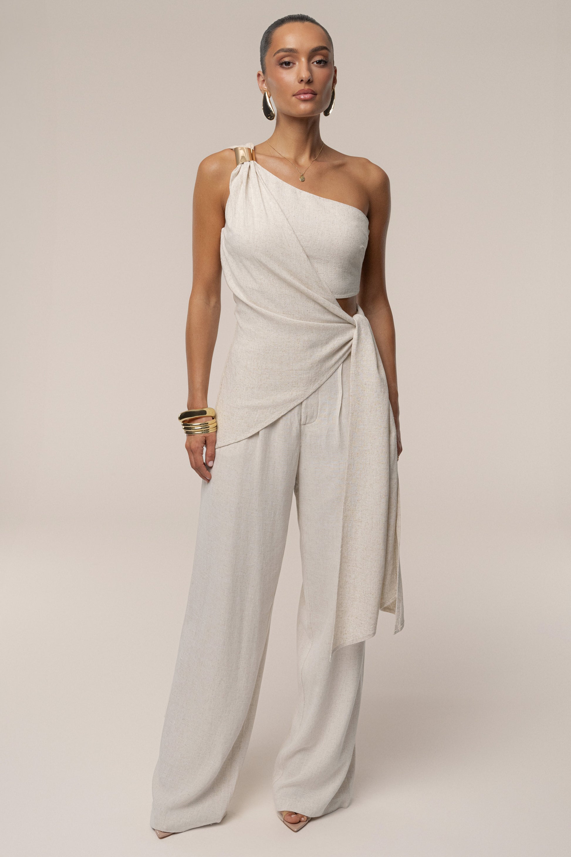 Beige Palmera One Shoulder Top JLUXLABEL